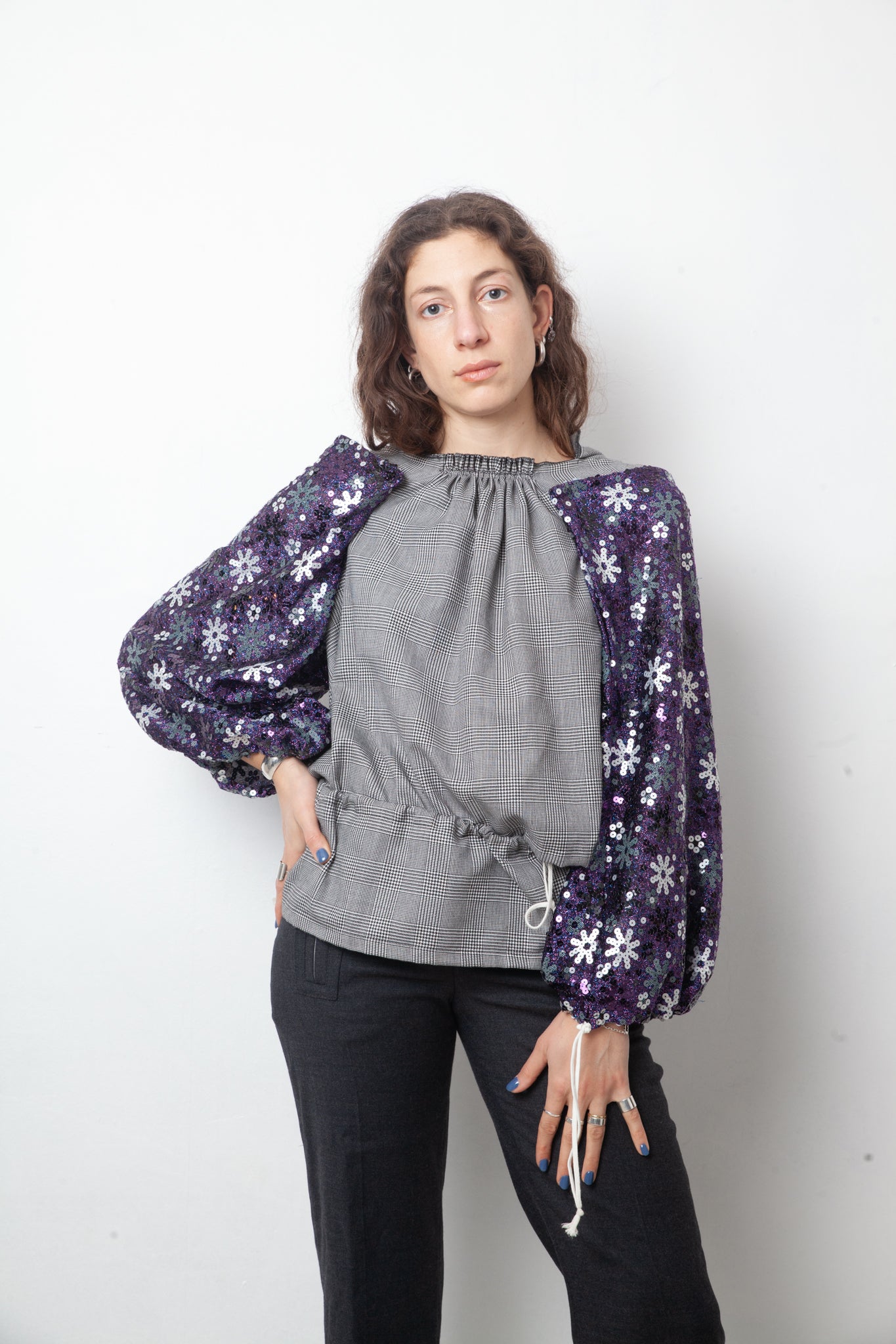 Comme des Garçons Spring 2008 glen check shirt with sequin sleeves and double hood