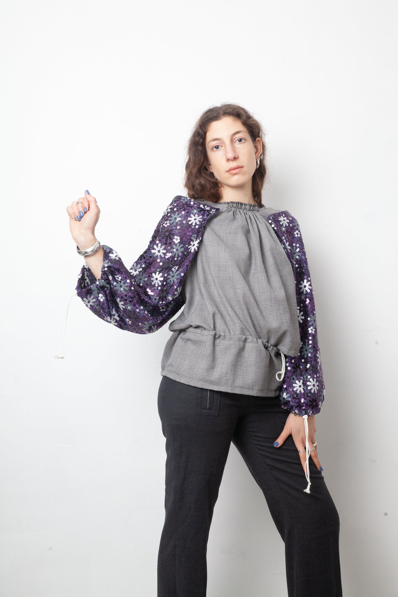 Comme des Garçons Spring 2008 glen check shirt with sequin sleeves and double hood