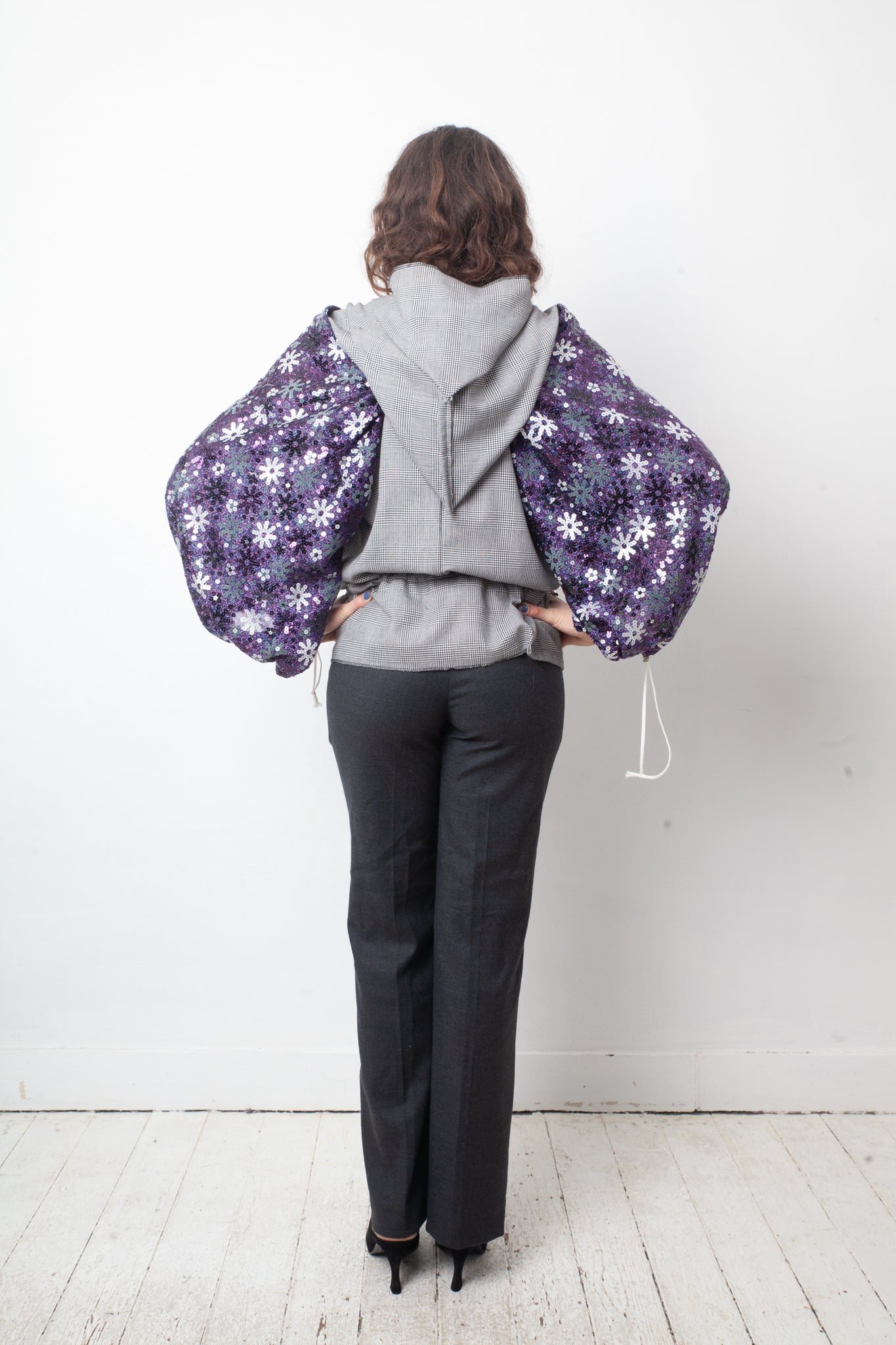 Comme des Garçons Spring 2008 glen check shirt with sequin sleeves and double hood