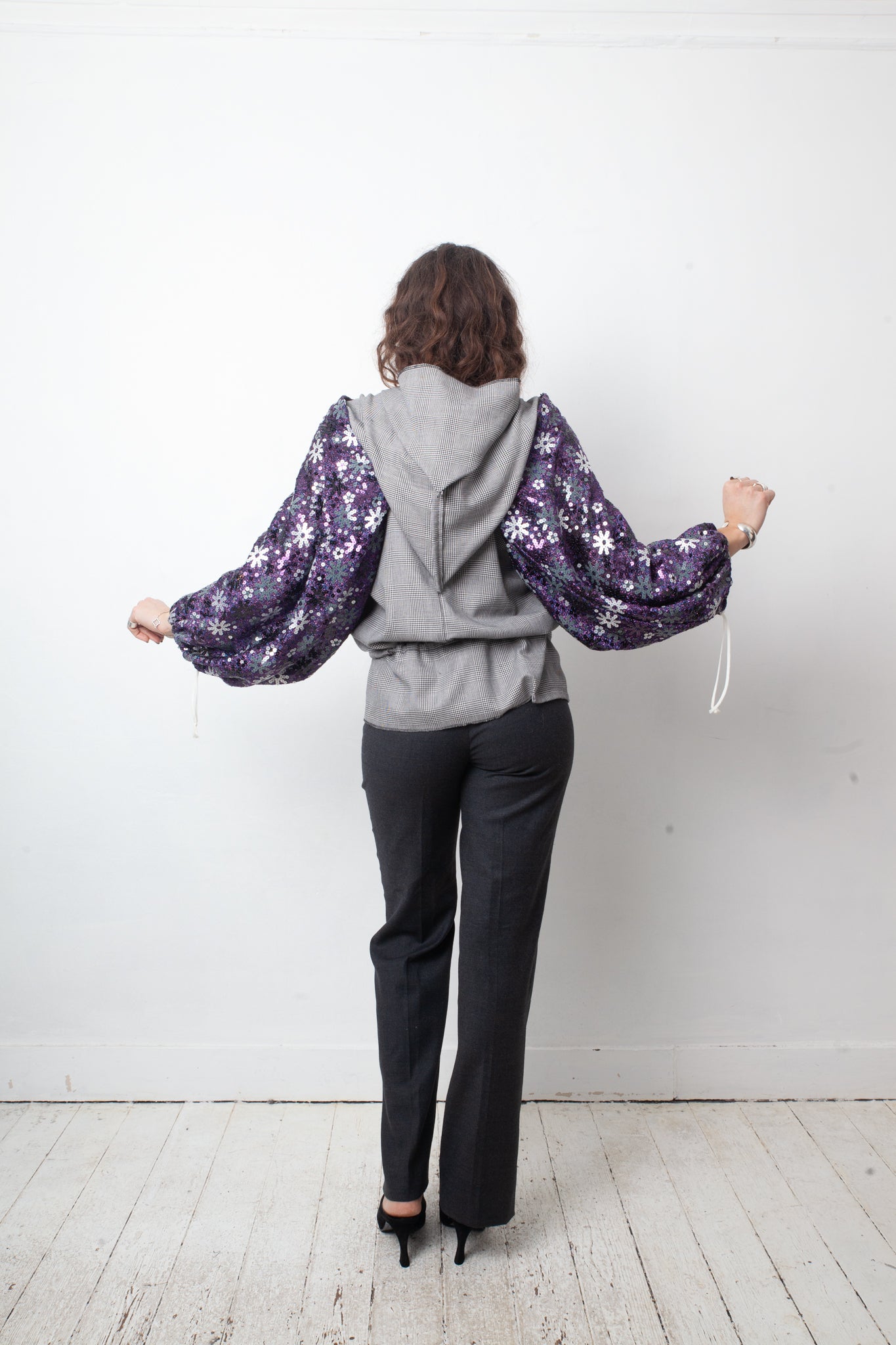 Comme des Garçons Spring 2008 glen check shirt with sequin sleeves and double hood