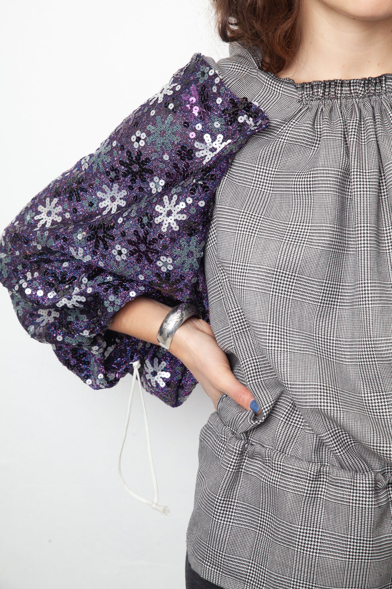 Comme des Garçons Spring 2008 glen check shirt with sequin sleeves and double hood