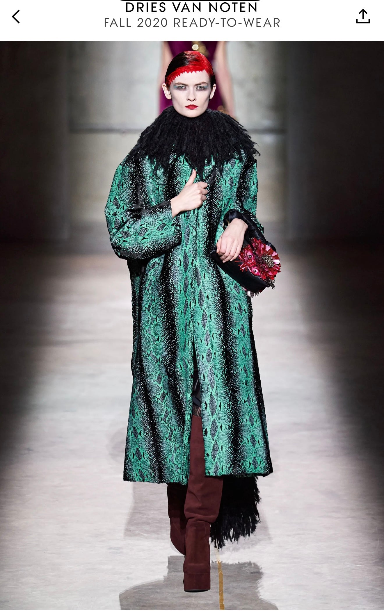 Dries van Noten Fall 2020 python print turquoise and black velvet pencil skirt