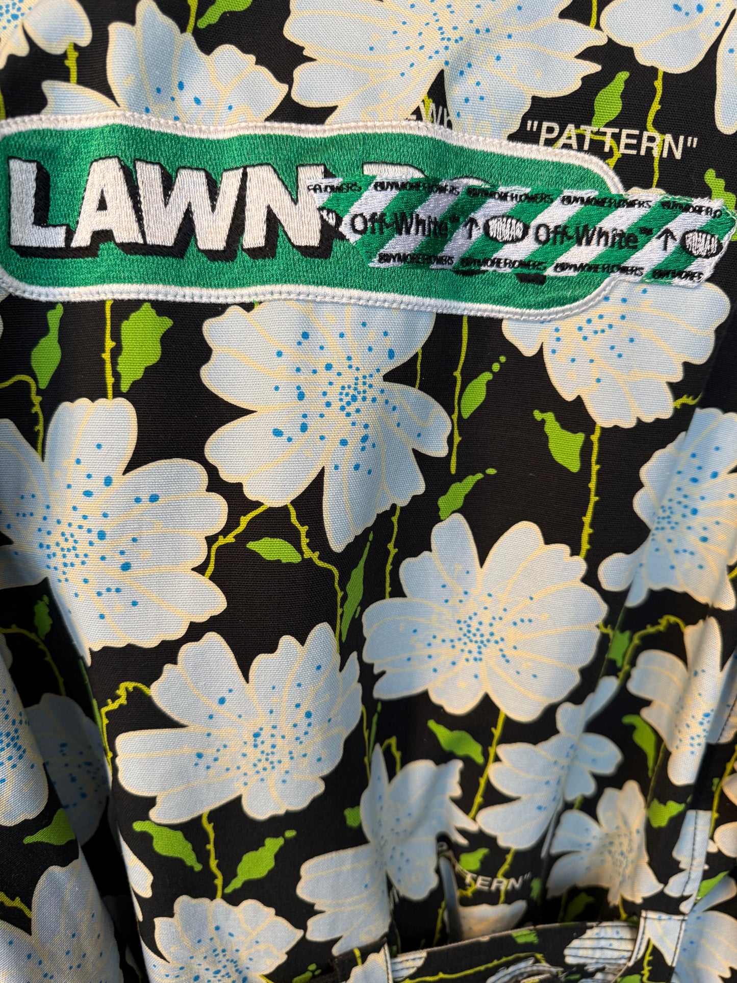 Off-White resort 2018 flower pattern denim jacket with belt and strap detail