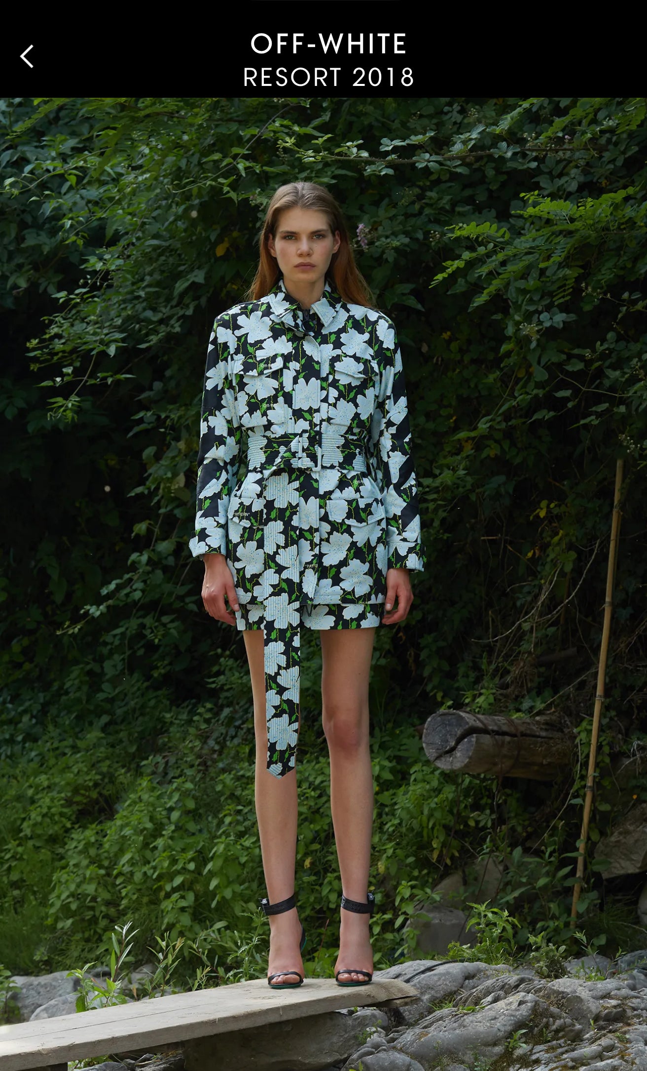 Off-White resort 2018 flower pattern denim jacket with belt and strap detail