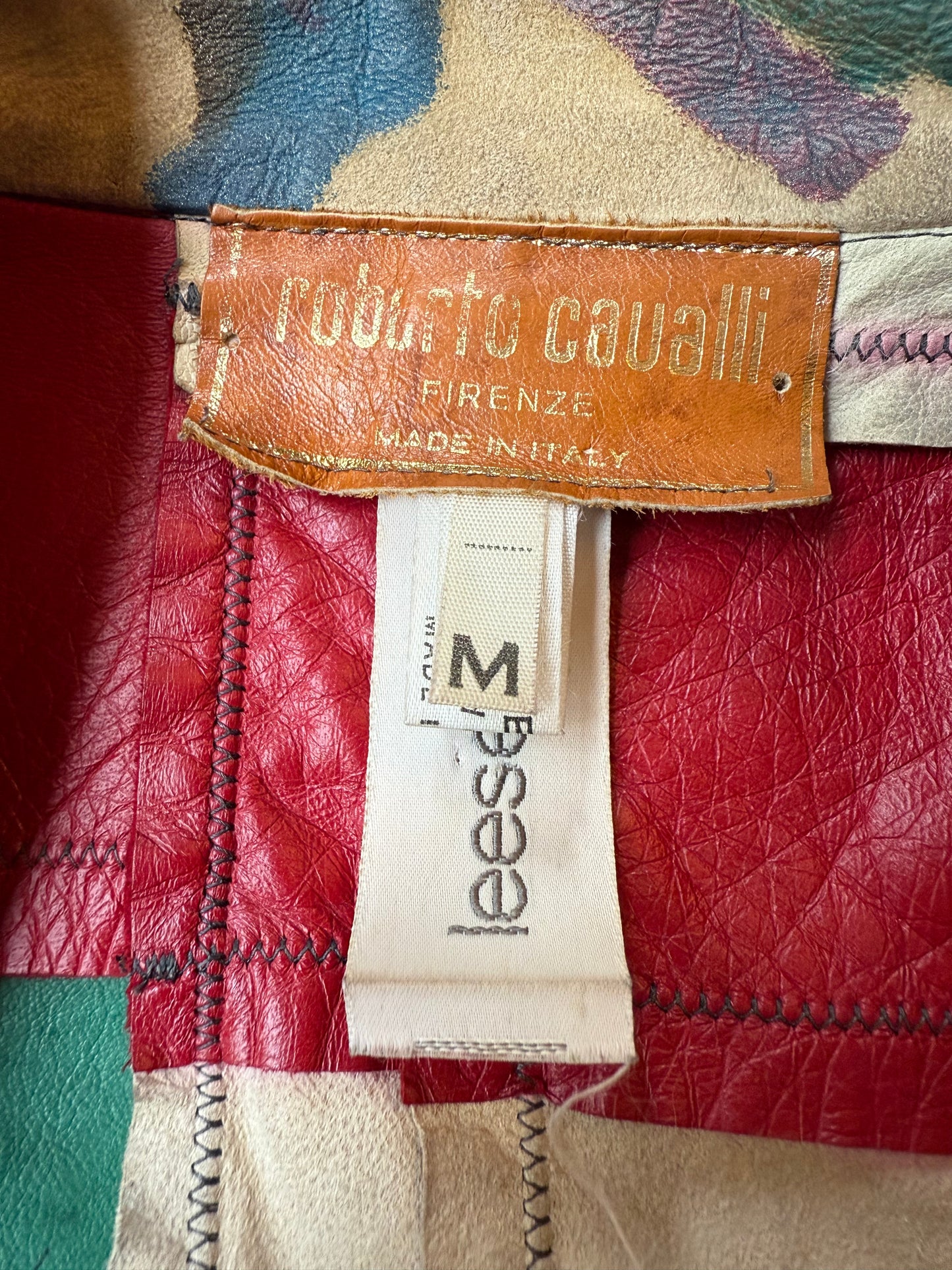Roberto Cavalli 1970's patchwork multicolor leather and denim jacket