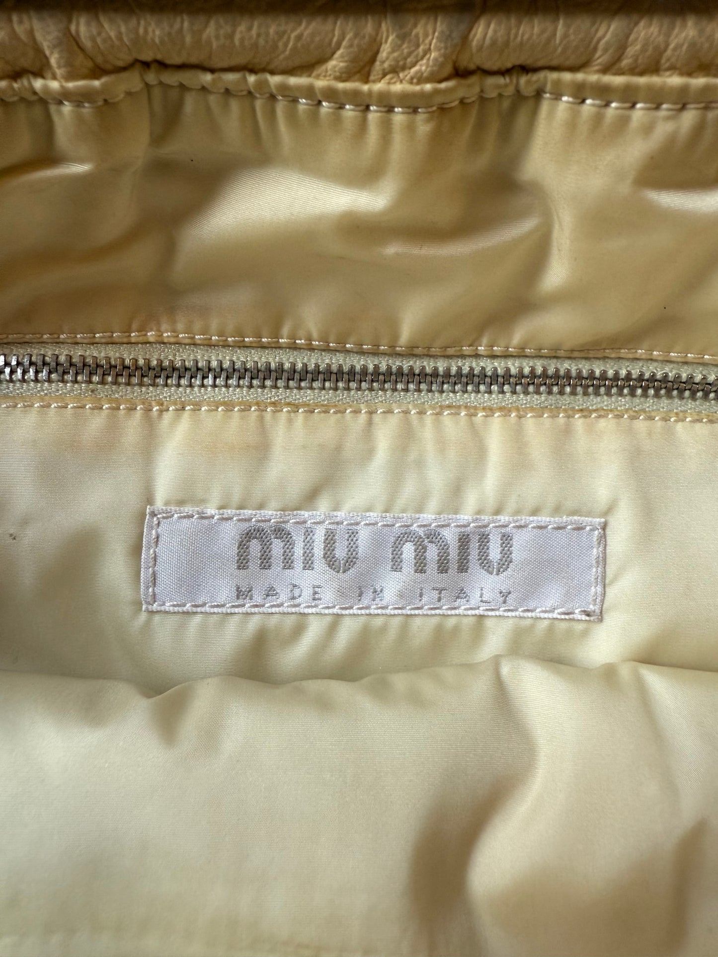 Miu Miu 90's beige leather shoulder bag with green stitching