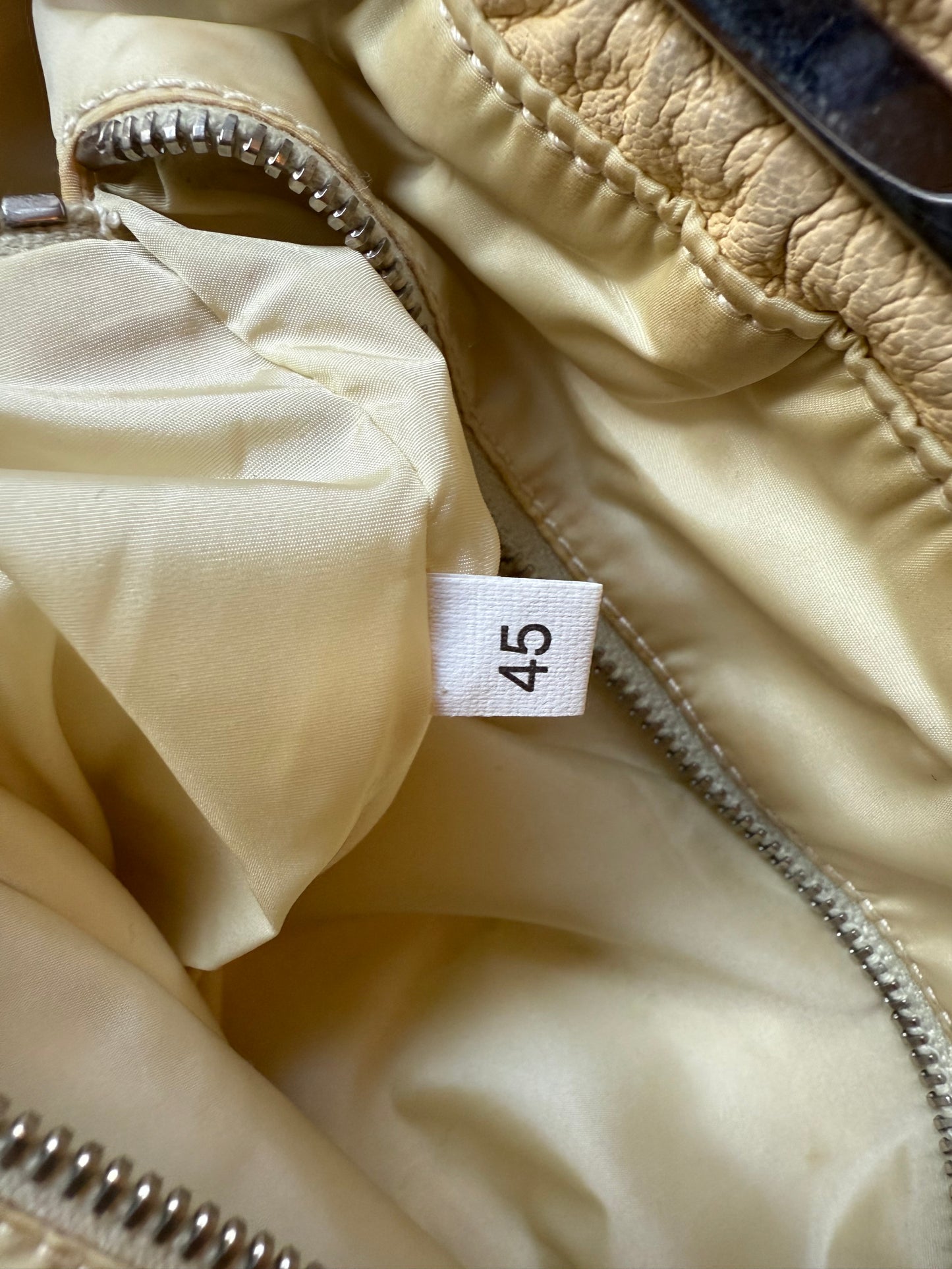 Miu Miu 90's beige leather shoulder bag with green stitching