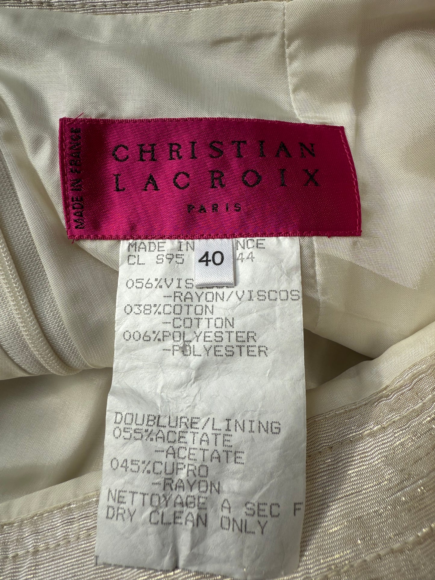Christian Lacroix 1995 white and gold skirt suit with flower embroideries
