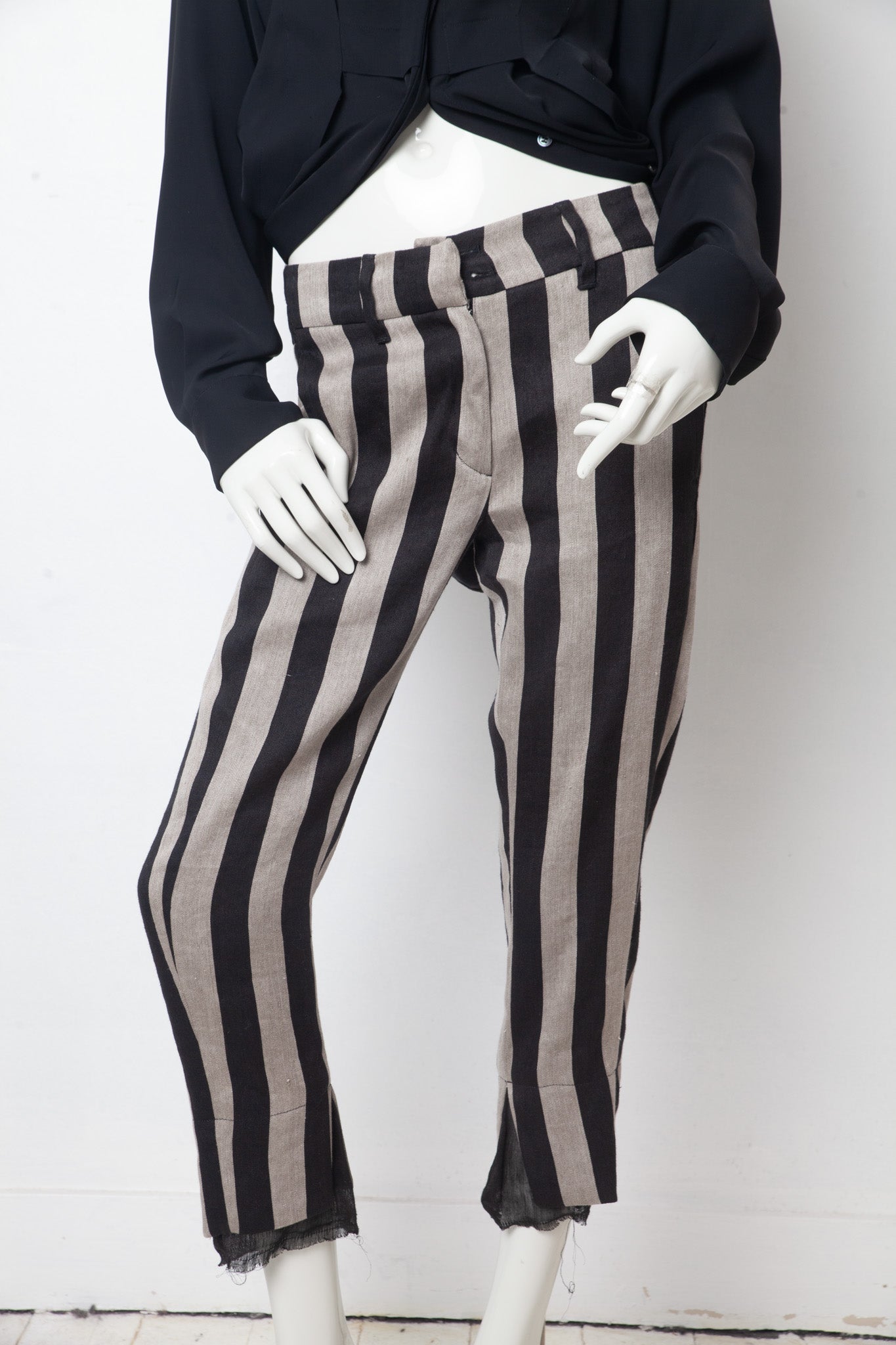 Ann Demeulemeester 2010's linen striped black and grey capri pants