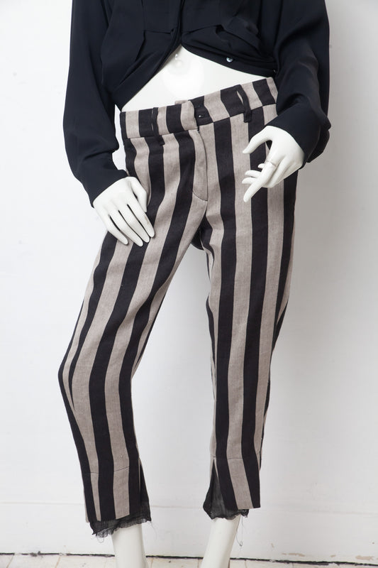 Ann Demeulemeester 2010's linen striped black and grey capri pants