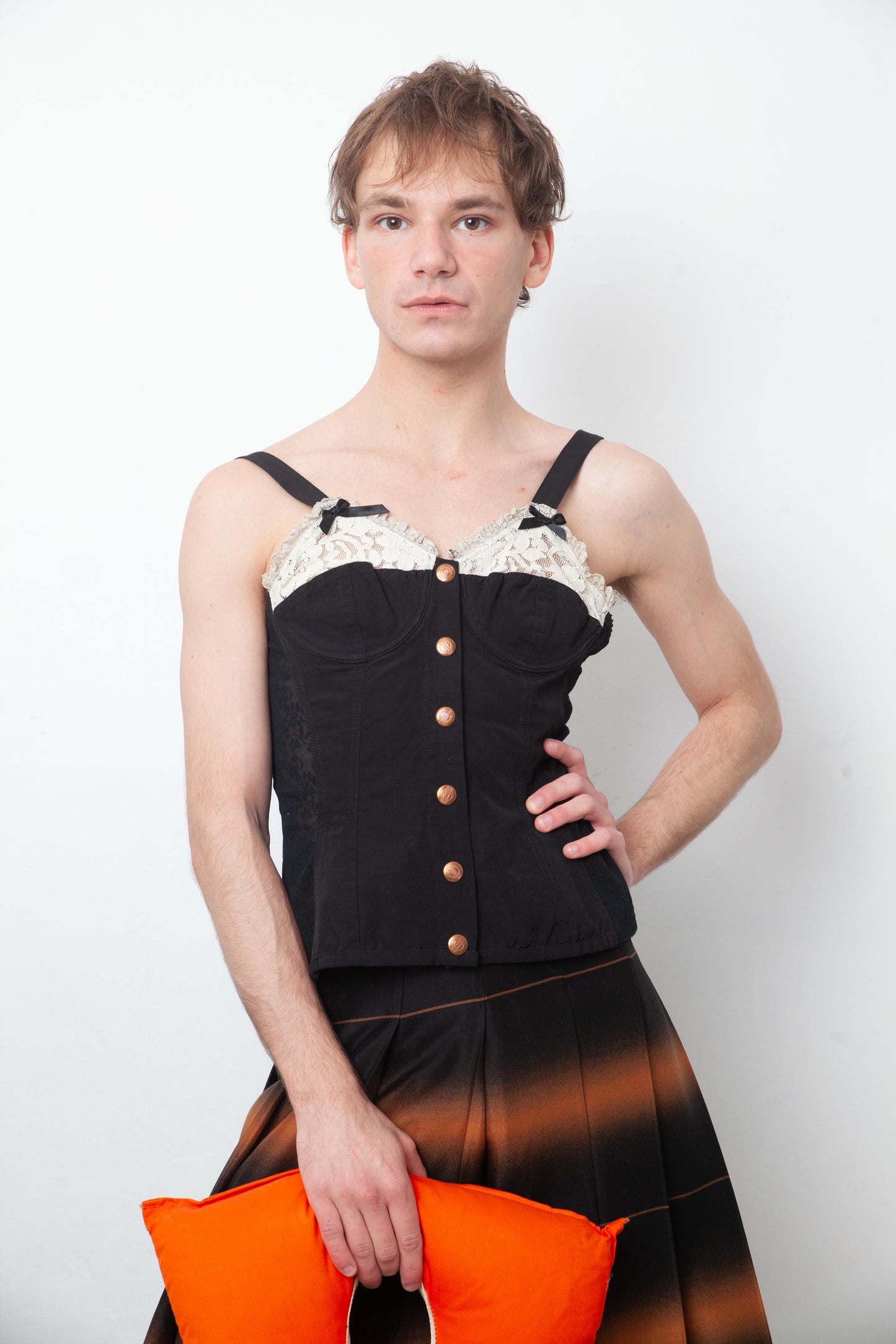 Jean Paul Gaultier 90's black top with white lace and ribbons