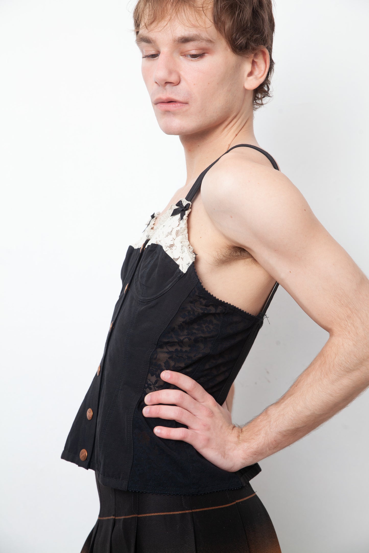 Jean Paul Gaultier 90's black top with white lace and ribbons