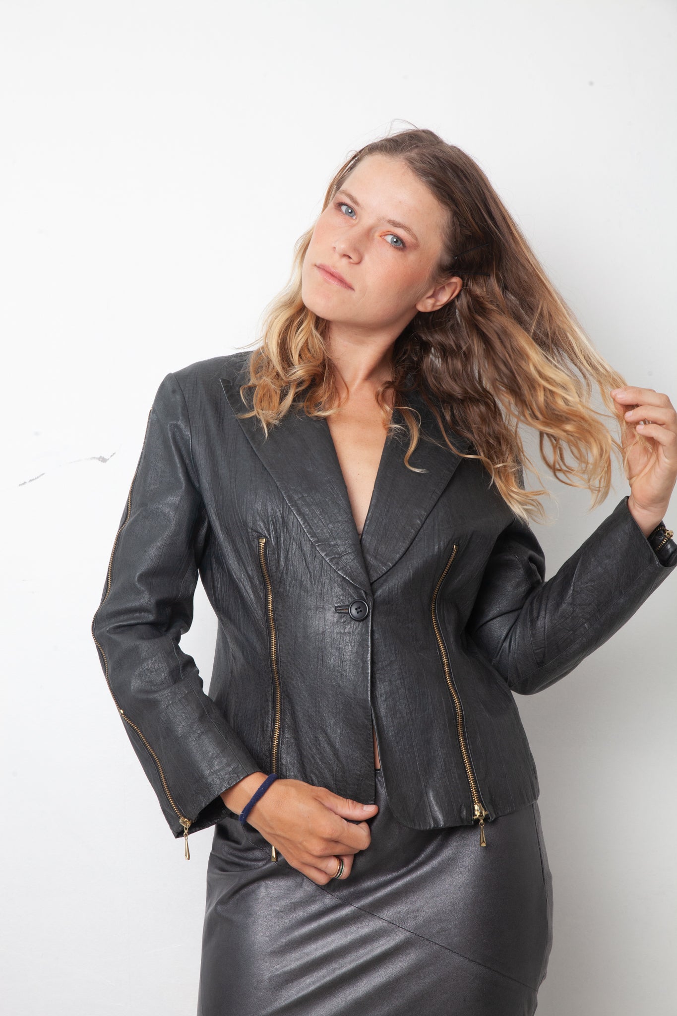 Balmain 2000's pigskin leather blue grey jacket with brass zippers