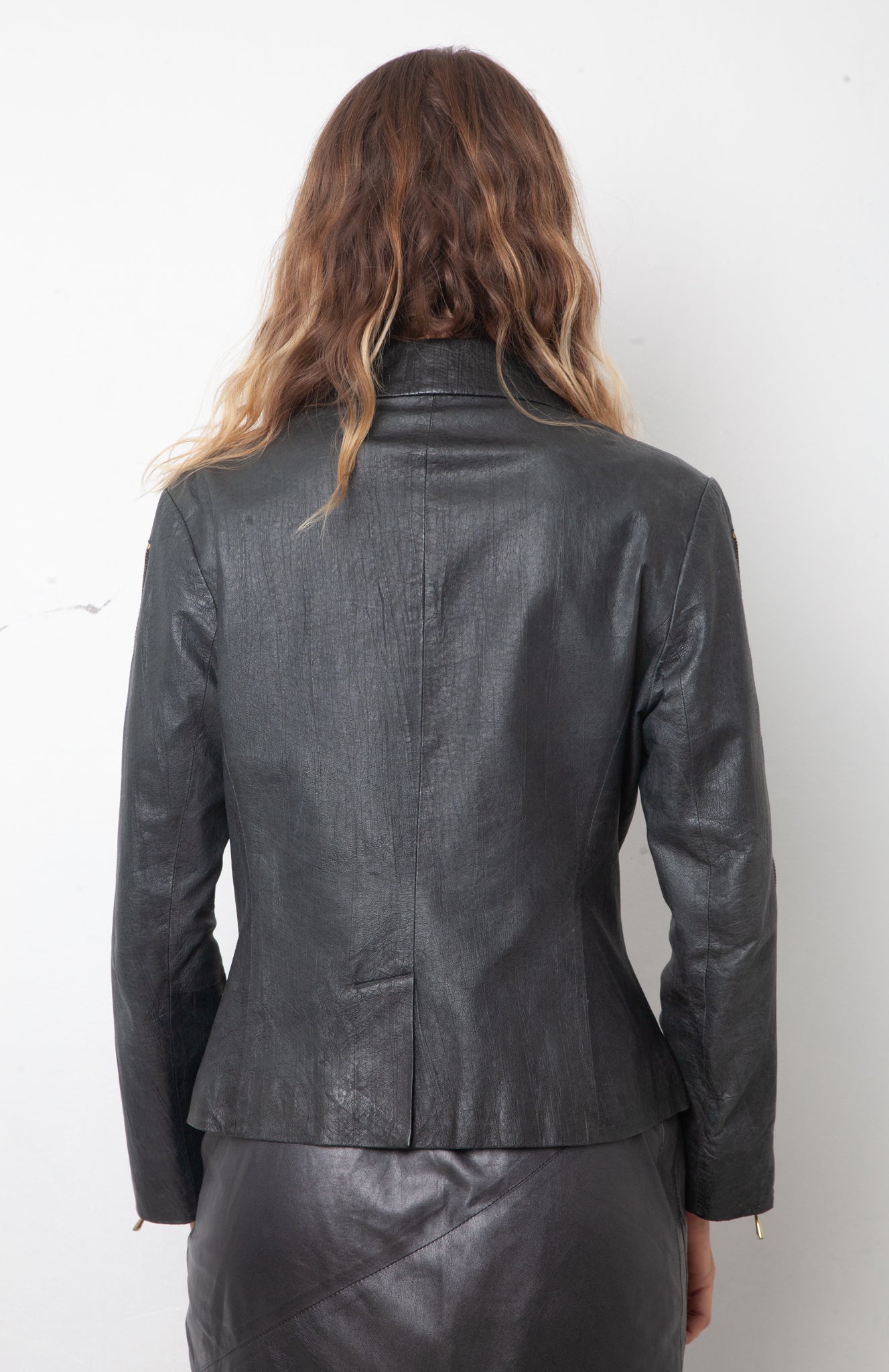 Balmain 2000's pigskin leather blue grey jacket with brass zippers