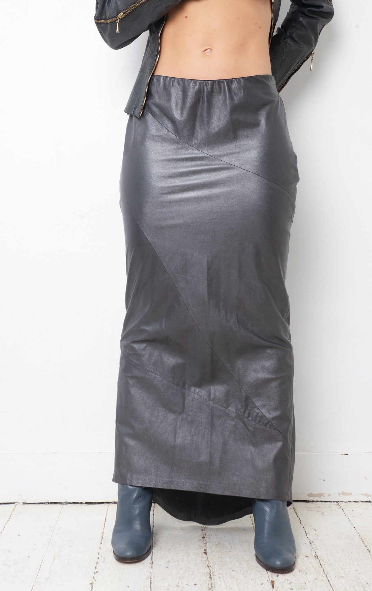 Exte 2000's dark blue silver leather maxi skirt