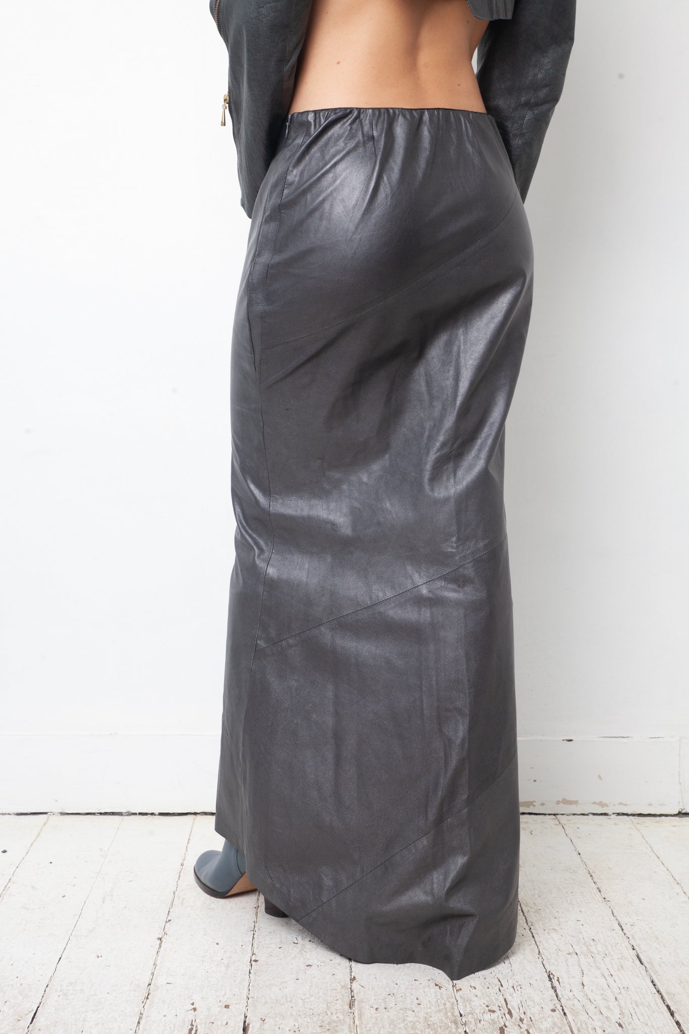 Exte 2000's dark blue silver leather maxi skirt