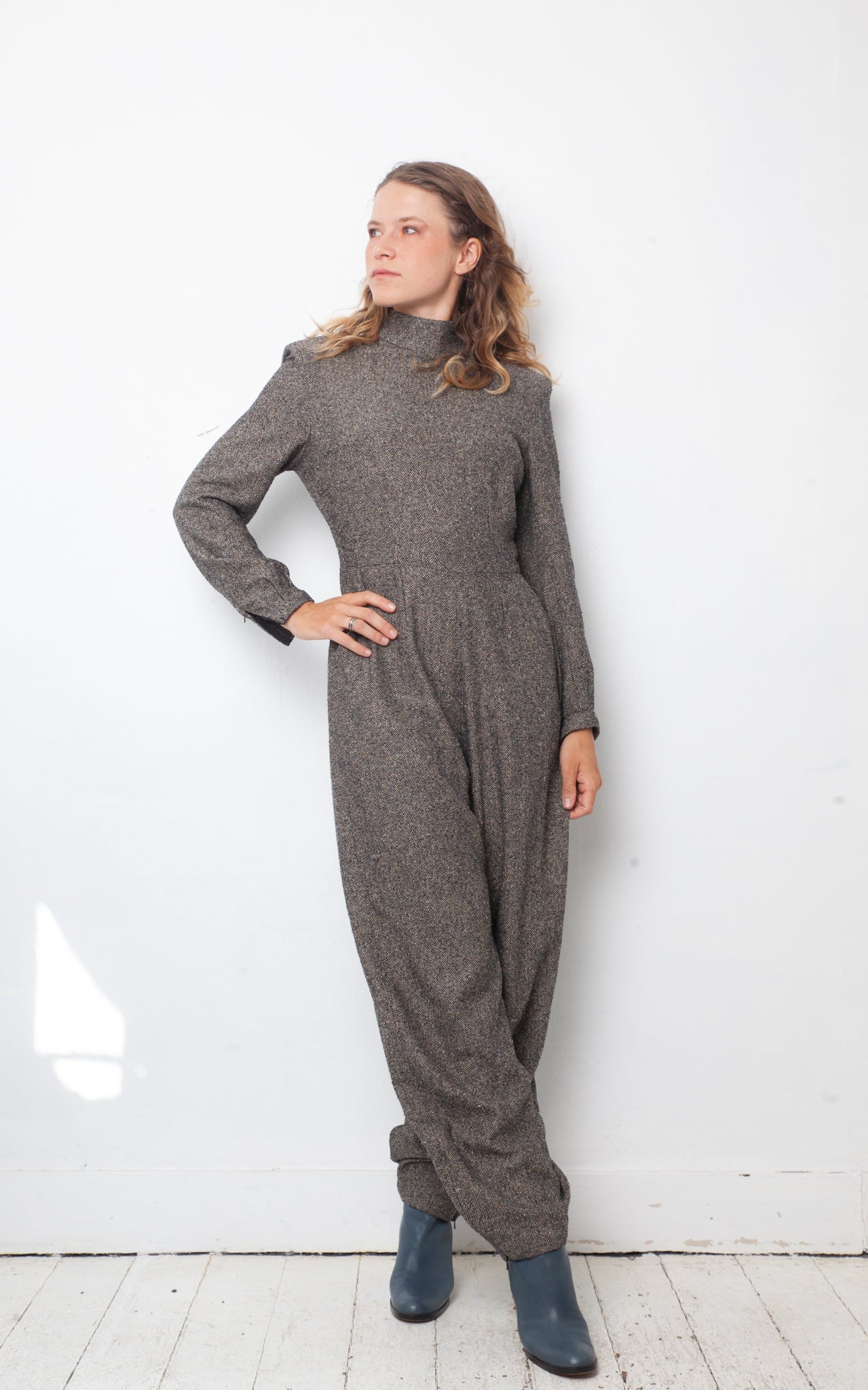 vintage custom grey made wool jumpsuit from Chanel fabric
