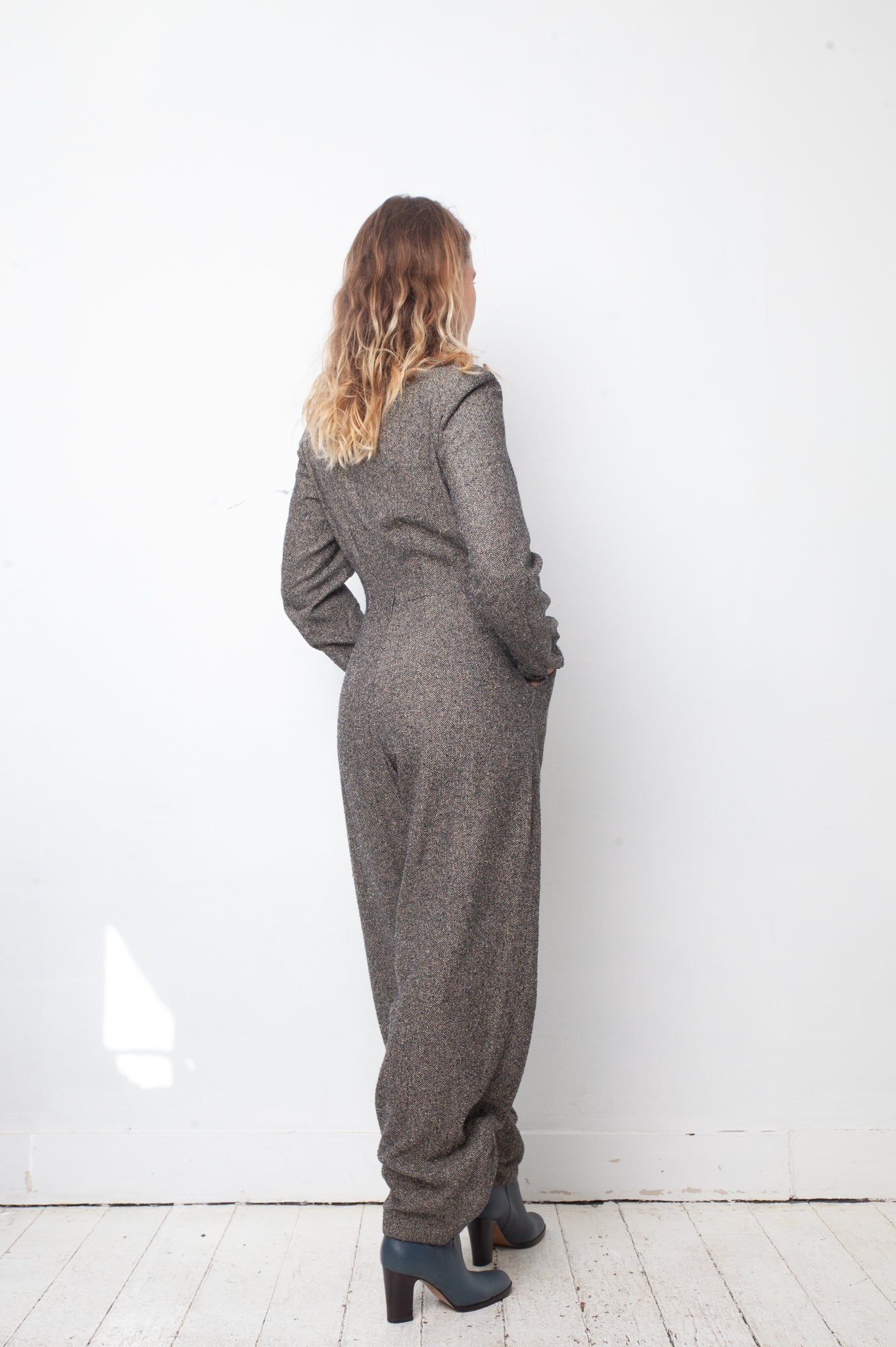 vintage custom grey made wool jumpsuit from Chanel fabric
