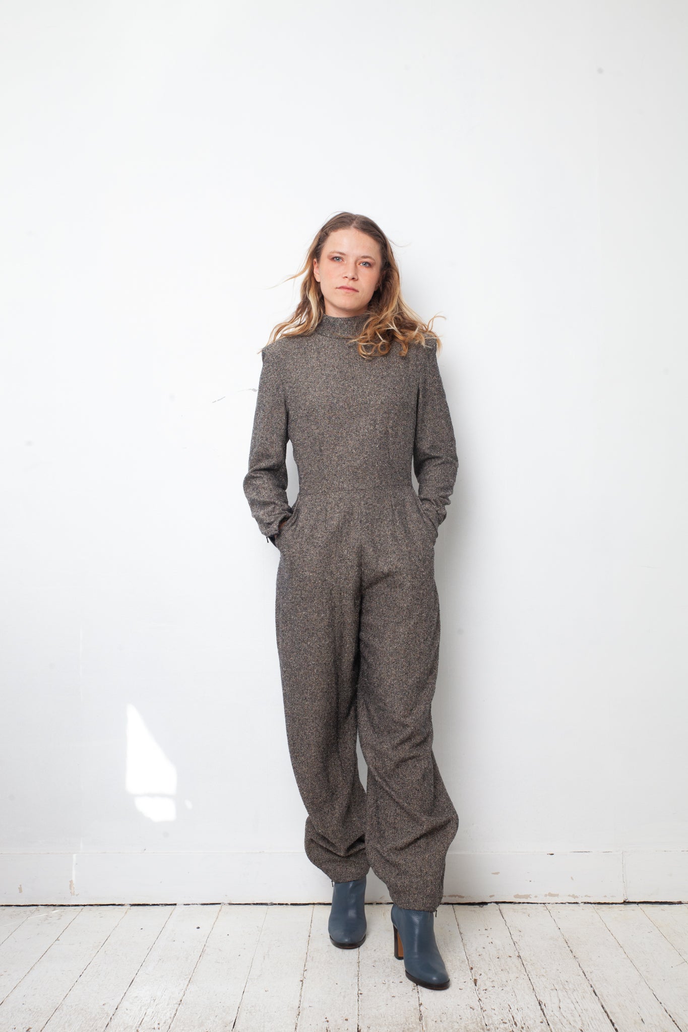 vintage custom grey made wool jumpsuit from Chanel fabric