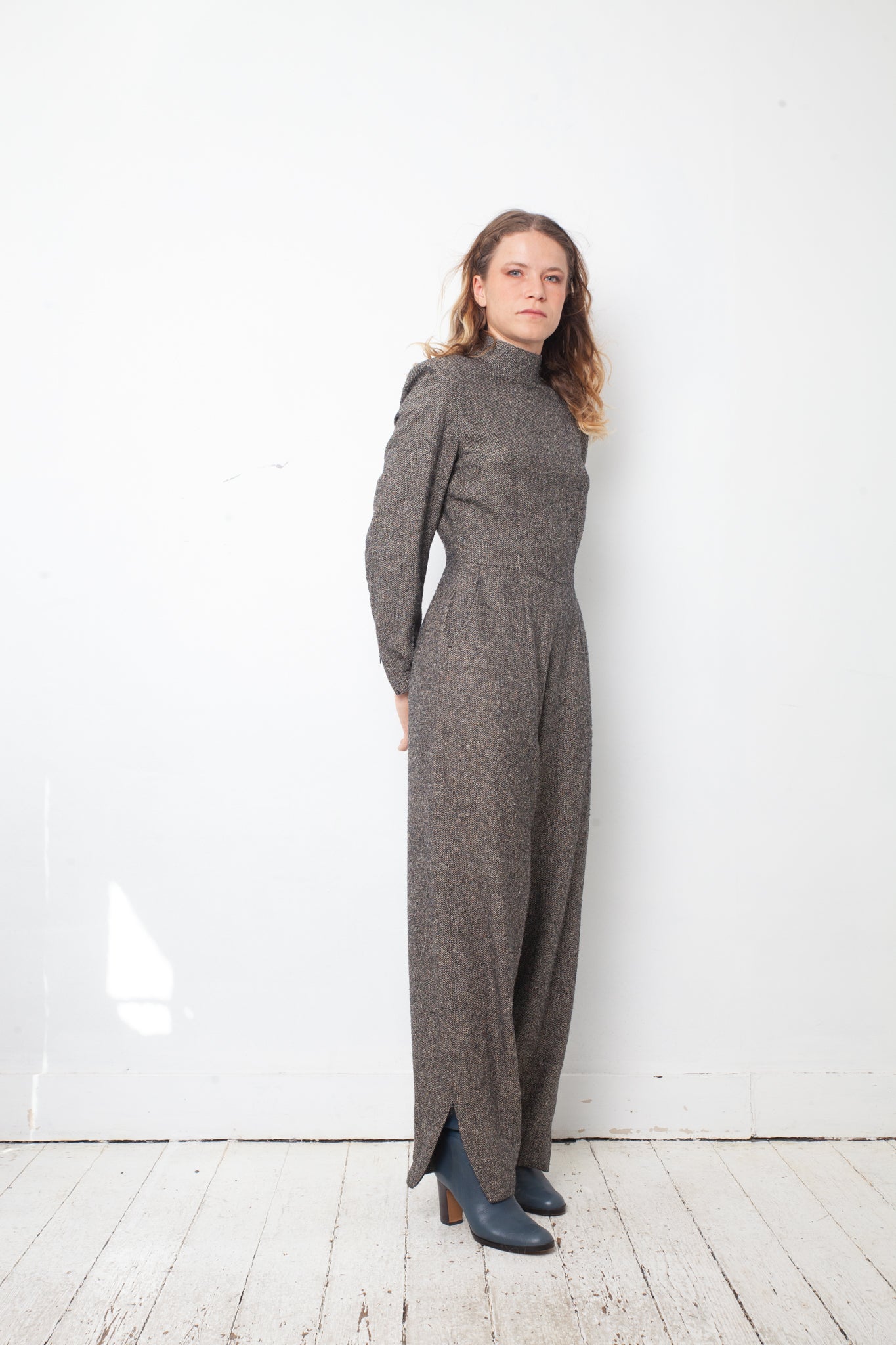vintage custom grey made wool jumpsuit from Chanel fabric