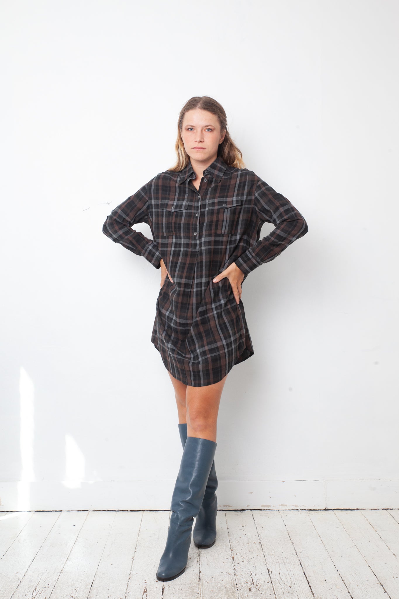 Veronique Branquinho FW 2003 checkered brown and blue cotton shirt dress