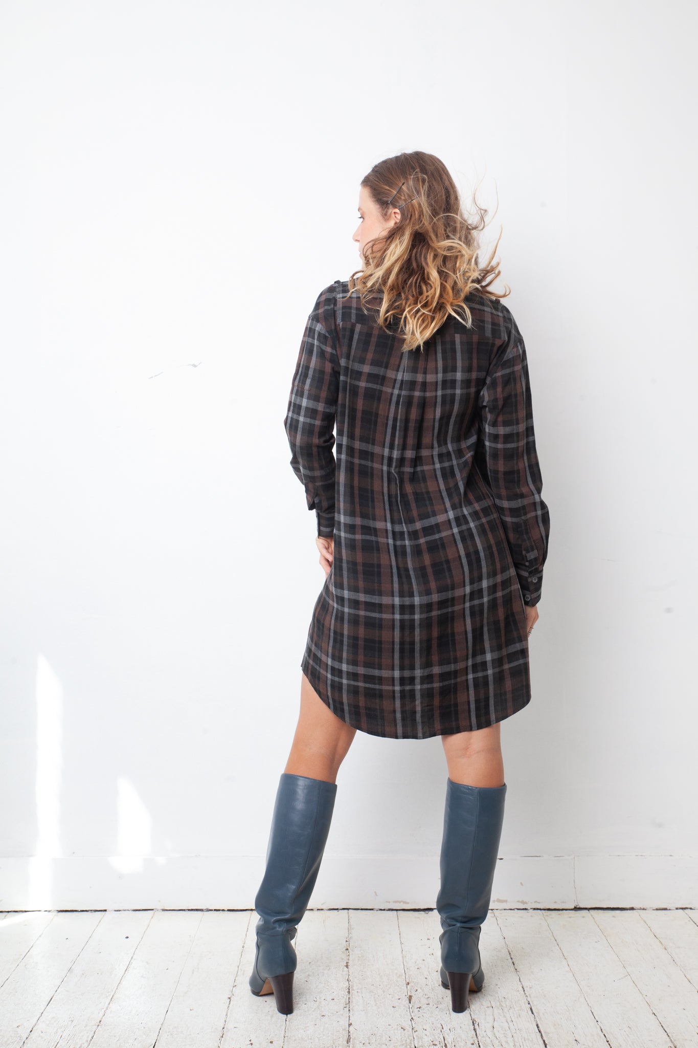 Veronique Branquinho FW 2003 checkered brown and blue cotton shirt dress