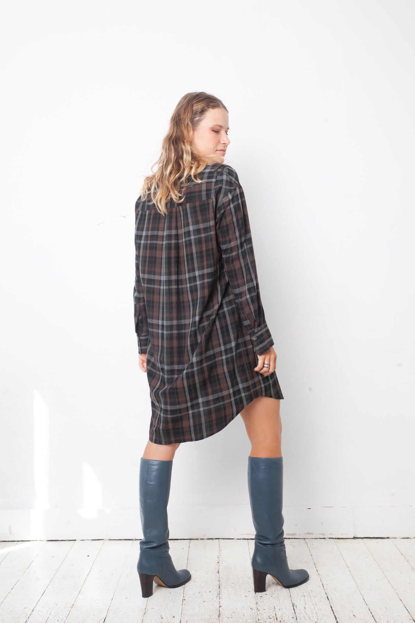 Veronique Branquinho FW 2003 checkered brown and blue cotton shirt dress