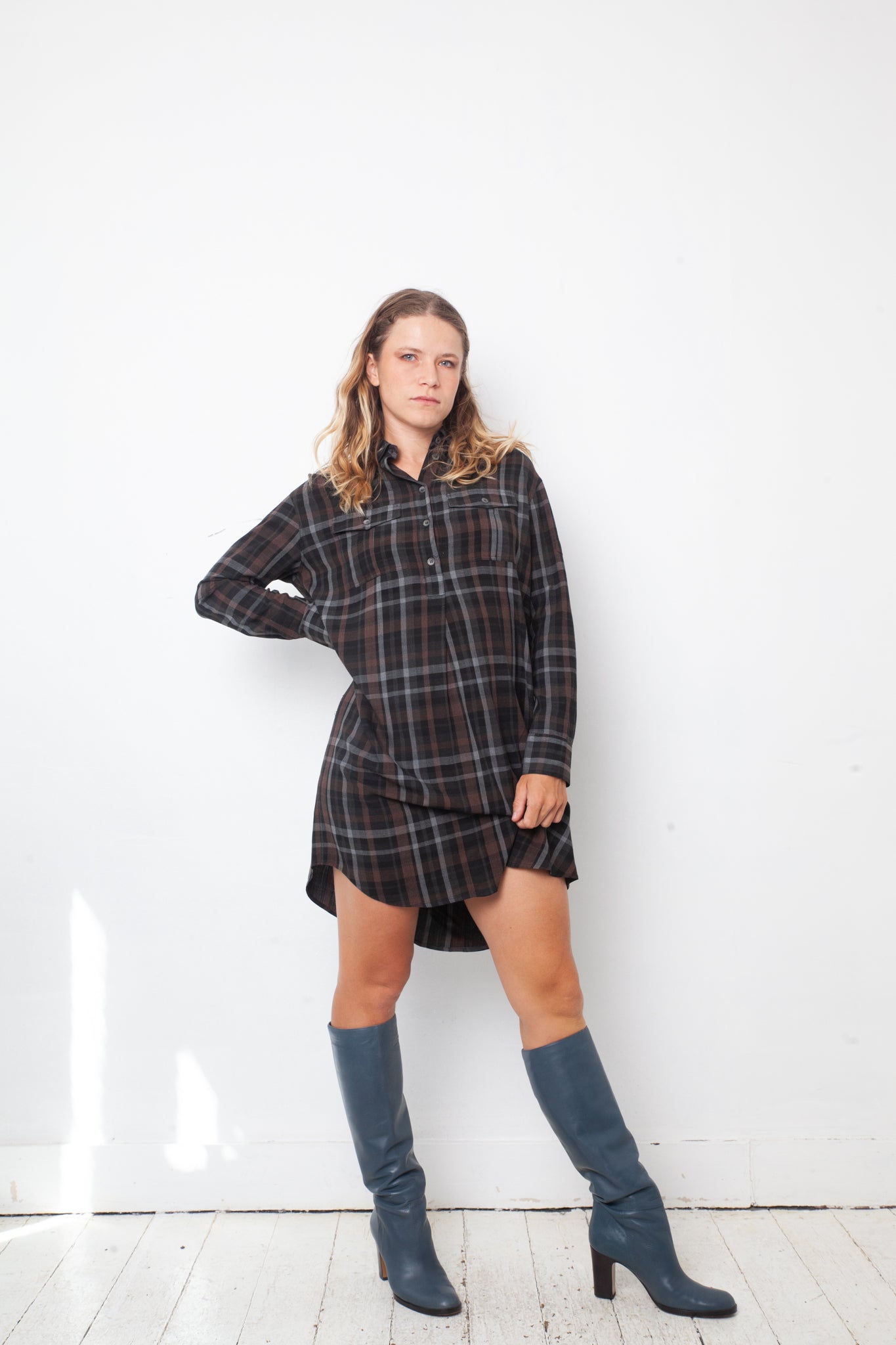 Veronique Branquinho FW 2003 checkered brown and blue cotton shirt dress