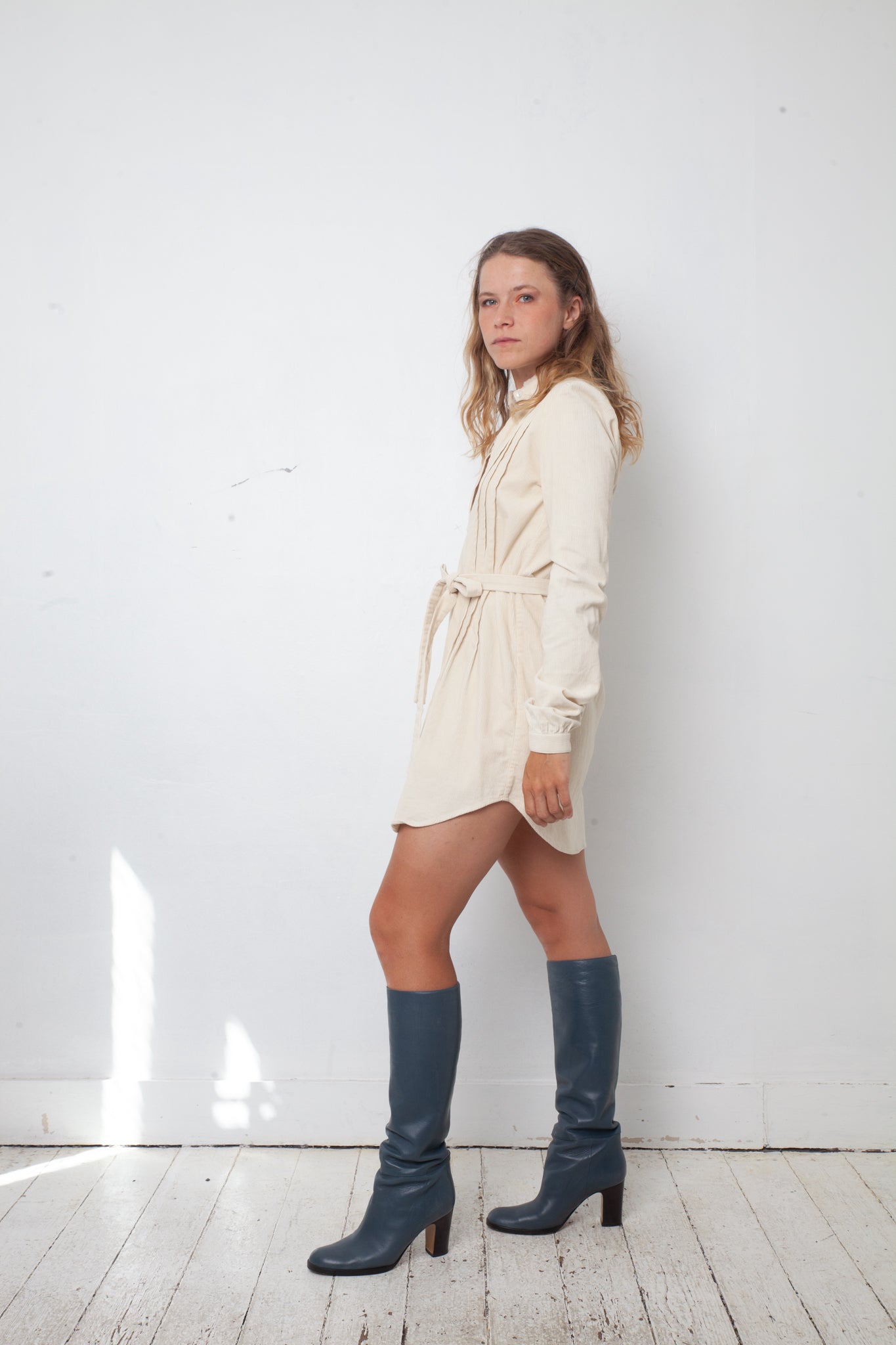Veronique Branquinho FW 20002 cream corduroy shirt dress with belt