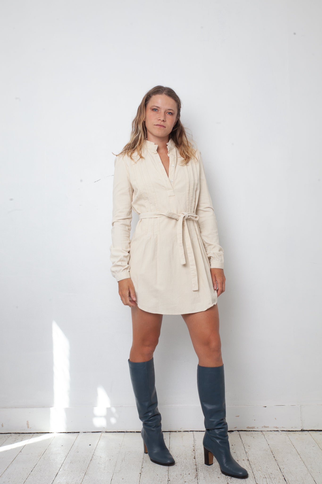 Veronique Branquinho FW 20002 cream corduroy shirt dress with belt
