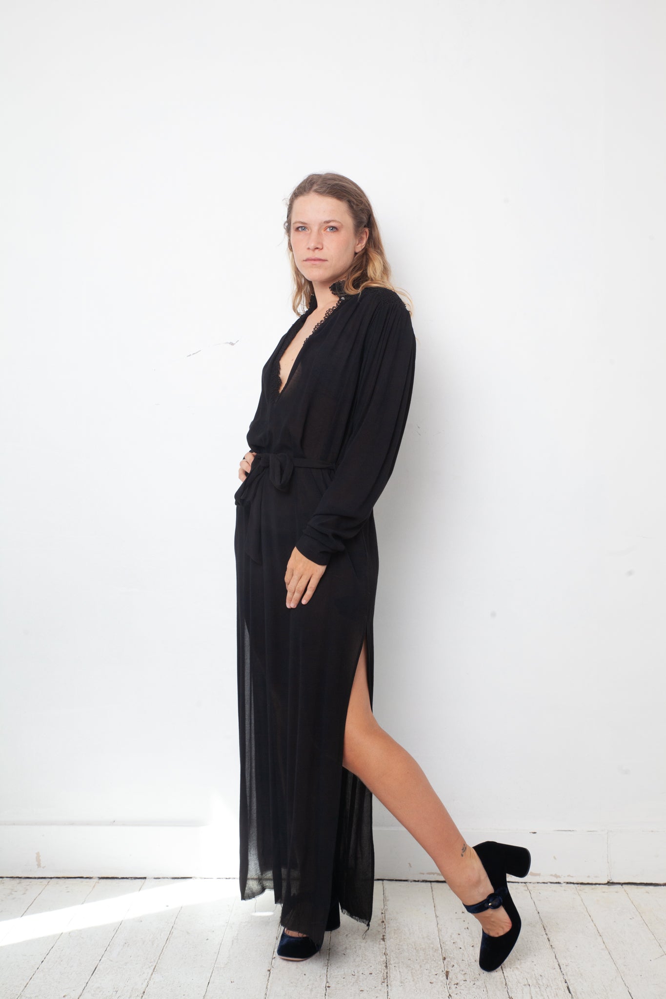 Damir Doma 2000's black silky sheer dress with deep V neck with lace trim