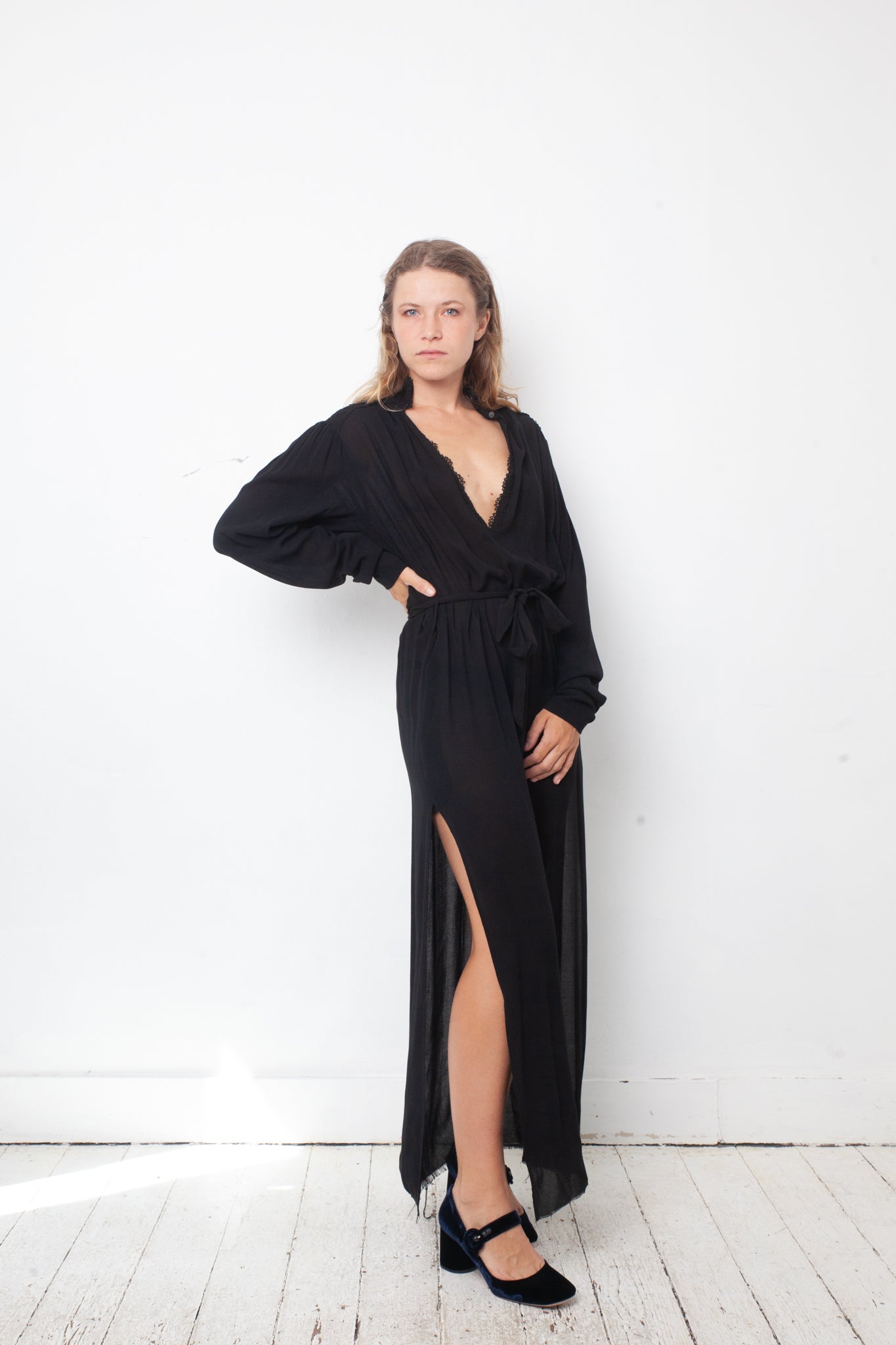 Damir Doma 2000's black silky sheer dress with deep V neck with lace trim