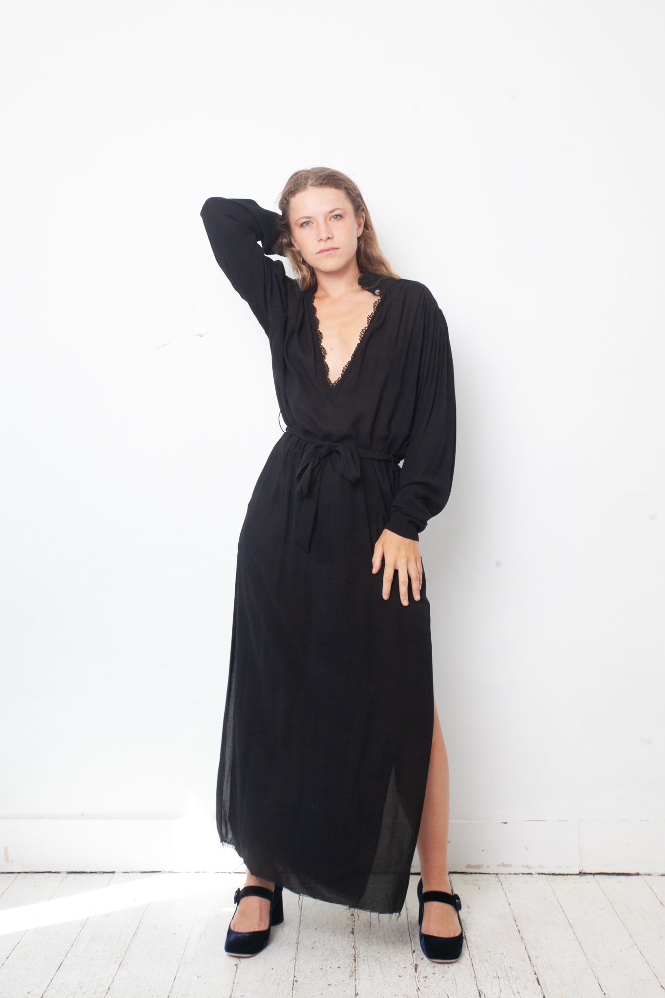 Damir Doma 2000's black silky sheer dress with deep V neck with lace trim