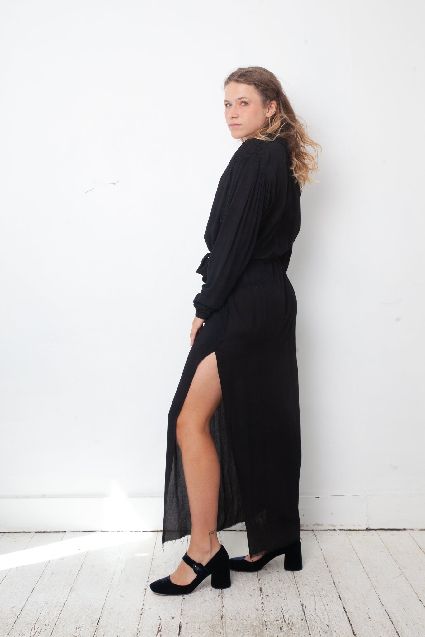 Damir Doma 2000's black silky sheer dress with deep V neck with lace trim