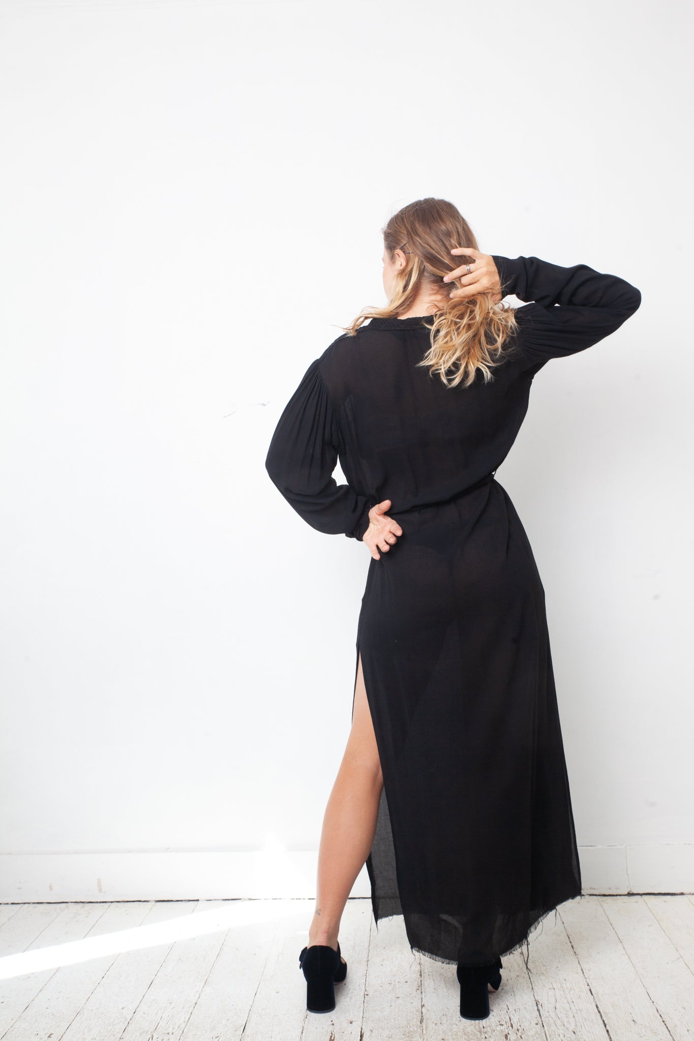 Damir Doma 2000's black silky sheer dress with deep V neck with lace trim