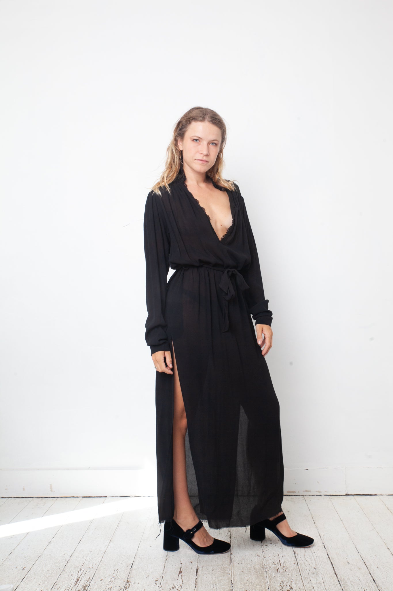 Damir Doma 2000's black silky sheer dress with deep V neck with lace trim