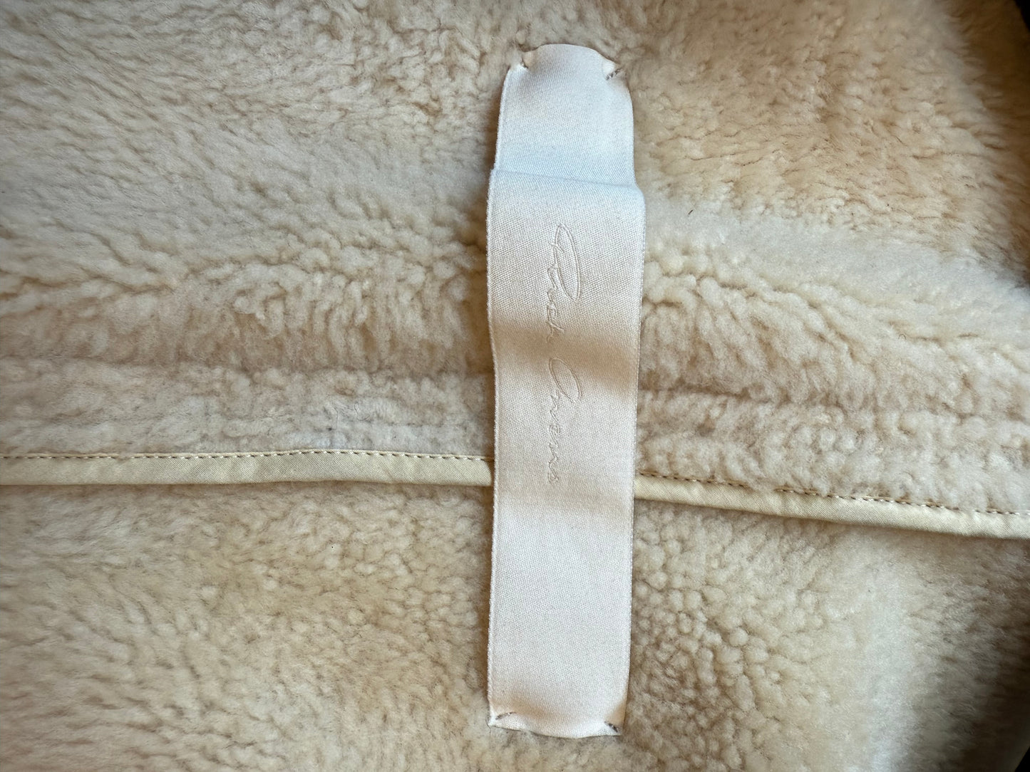 Rick Owens Fall 2013 ivory shearling jacket with hood and buffalo bone buttons