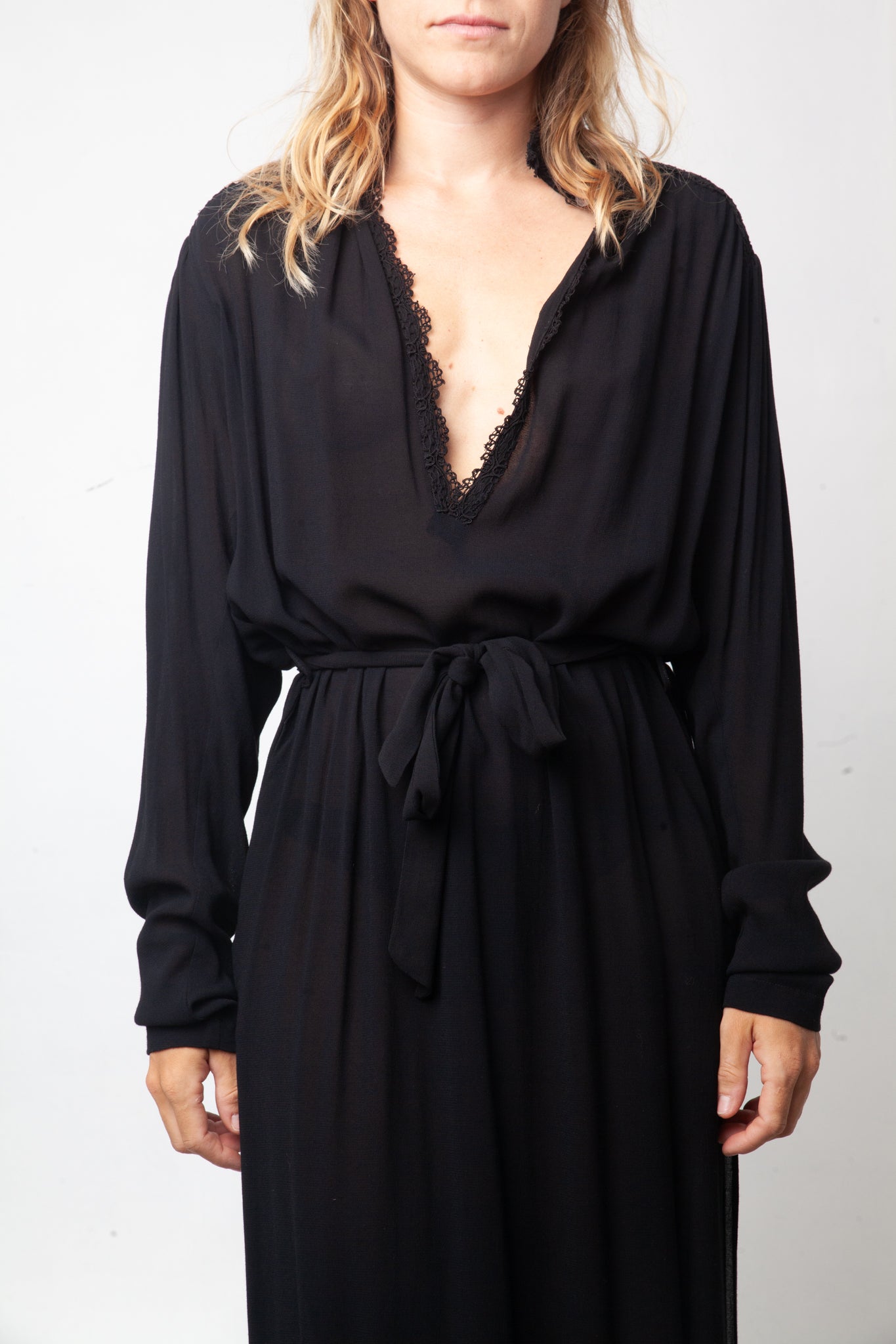 Damir Doma 2000's black silky sheer dress with deep V neck with lace trim