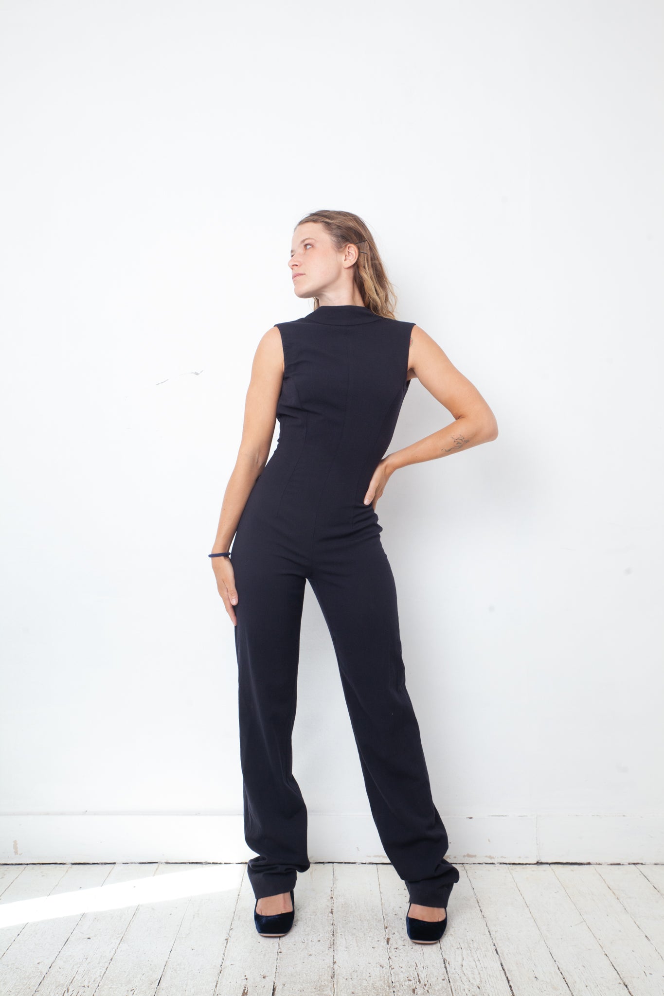 Dirk Bikkembergs 2000's low waist navy wool jumpsuit with open back and belt