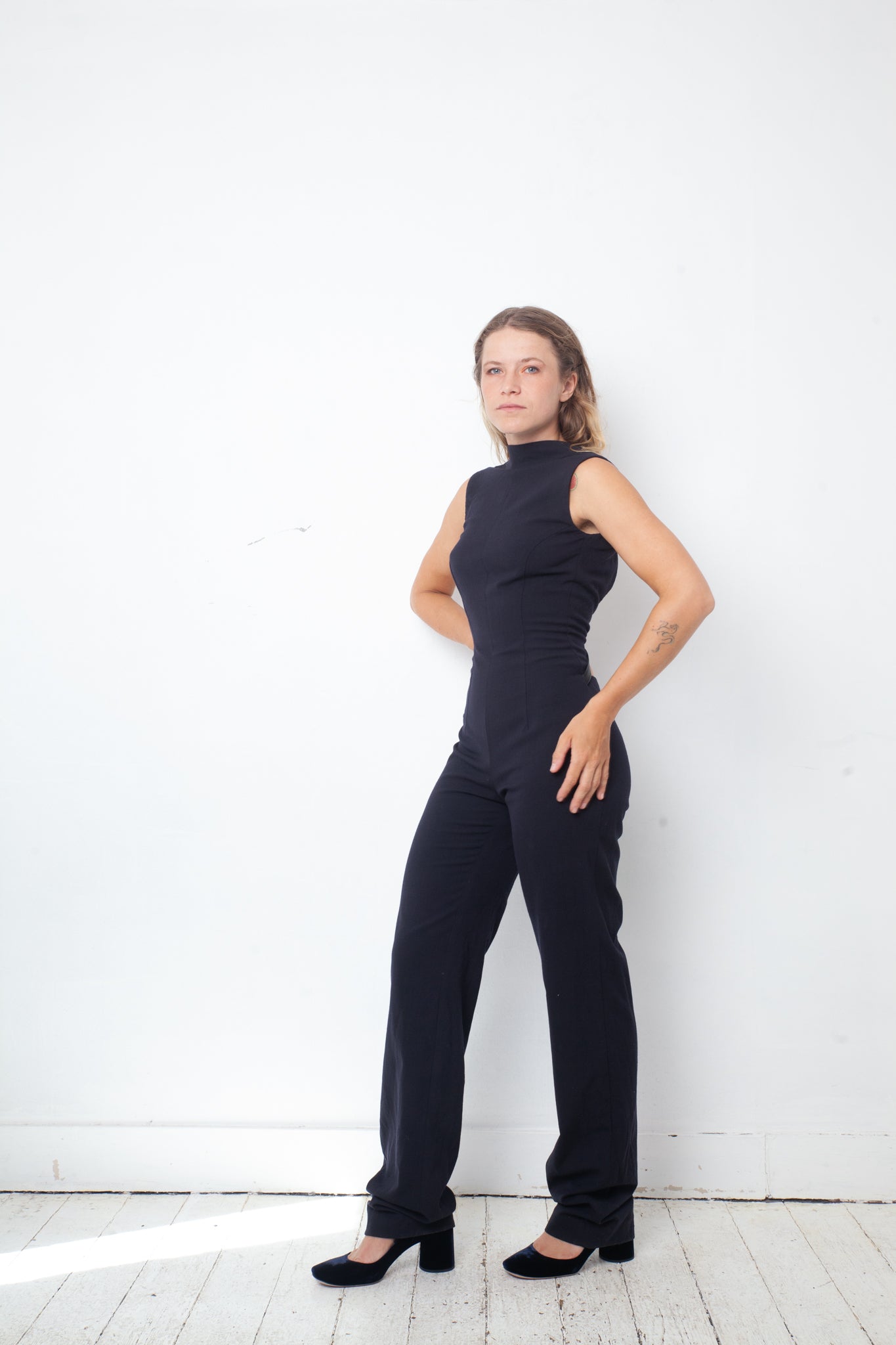 Dirk Bikkembergs 2000's low waist navy wool jumpsuit with open back and belt