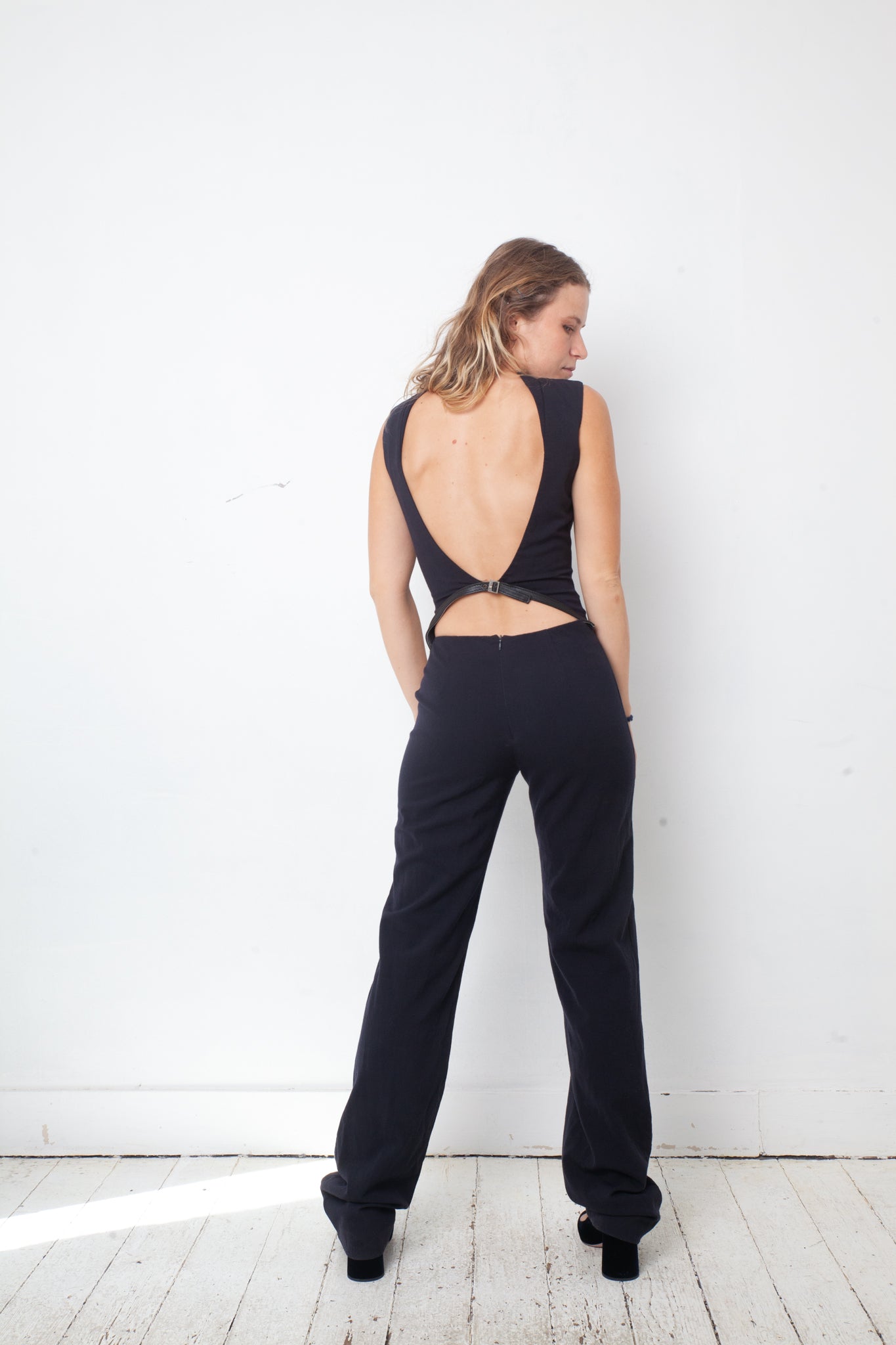 Dirk Bikkembergs 2000's low waist navy wool jumpsuit with open back and belt