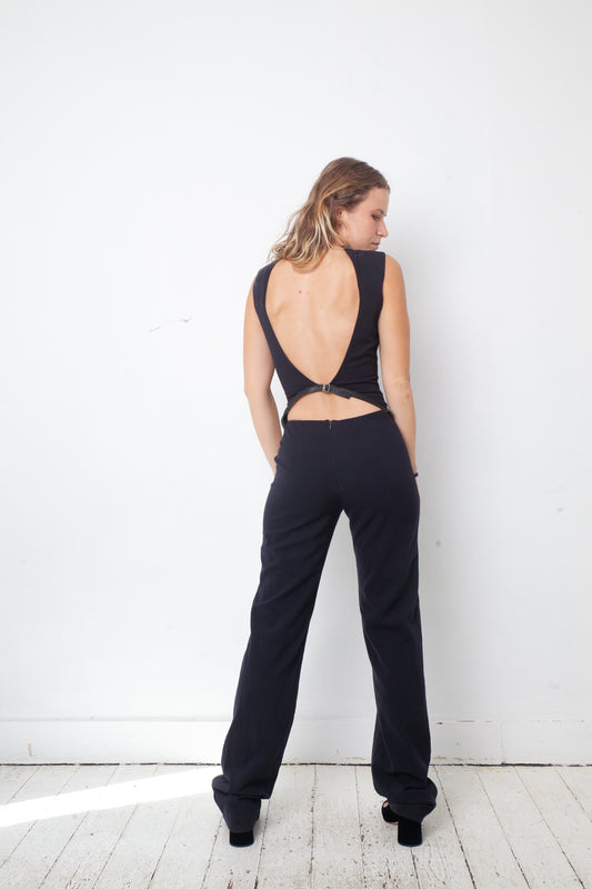 Dirk Bikkembergs 2000's low waist navy wool jumpsuit with open back and belt