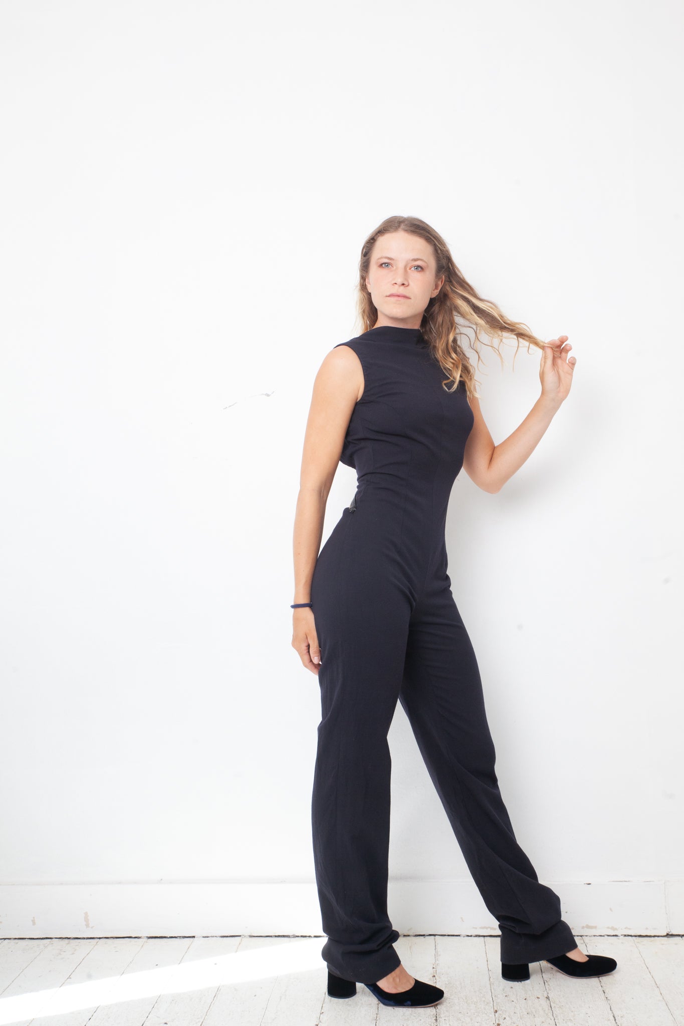 Dirk Bikkembergs 2000's low waist navy wool jumpsuit with open back and belt