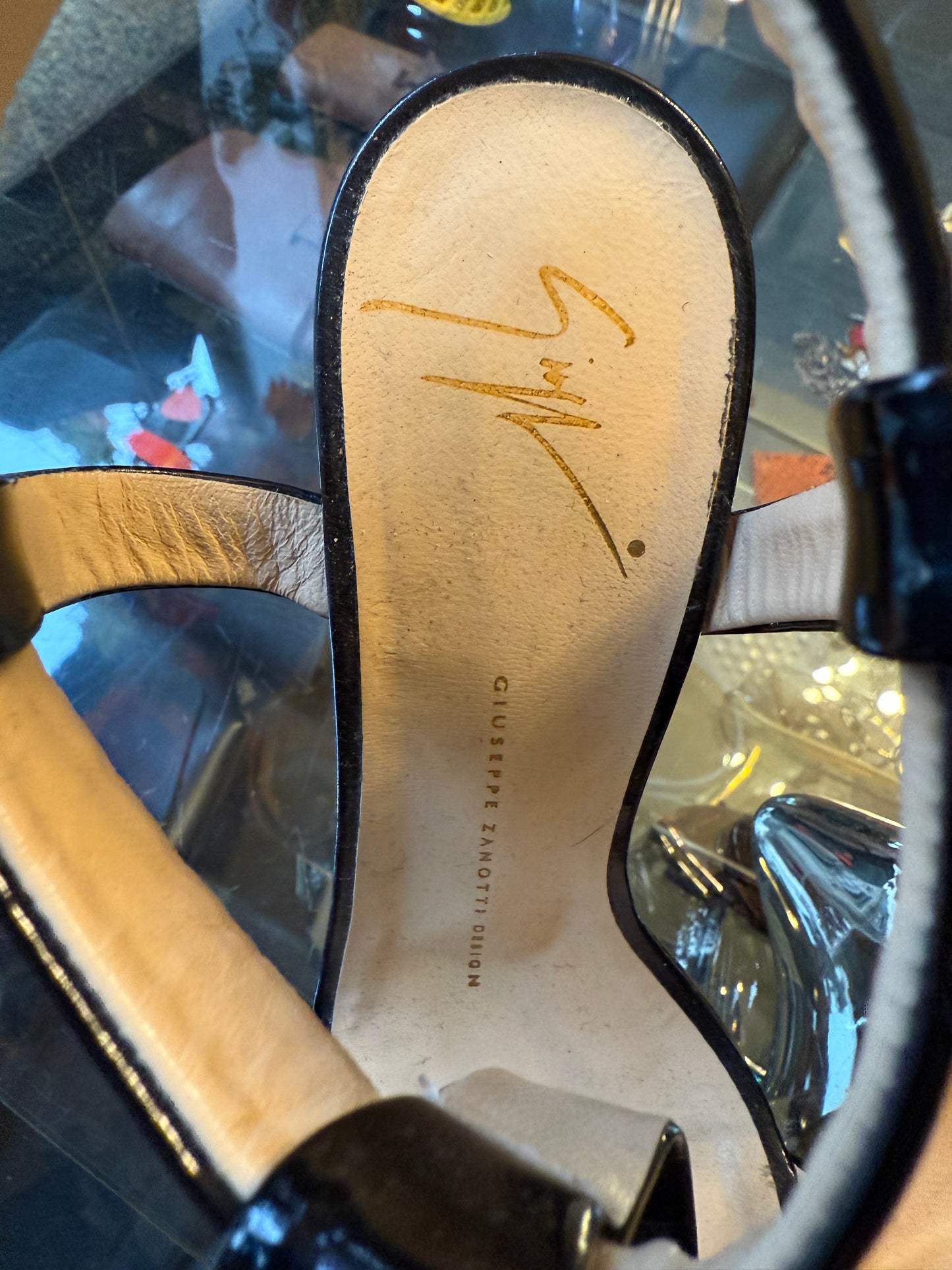 Guiseppe Zanotti floating mirror gold and leather heels size 37