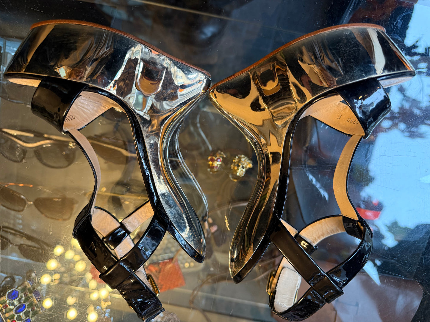 Guiseppe Zanotti floating mirror gold and leather heels size 37