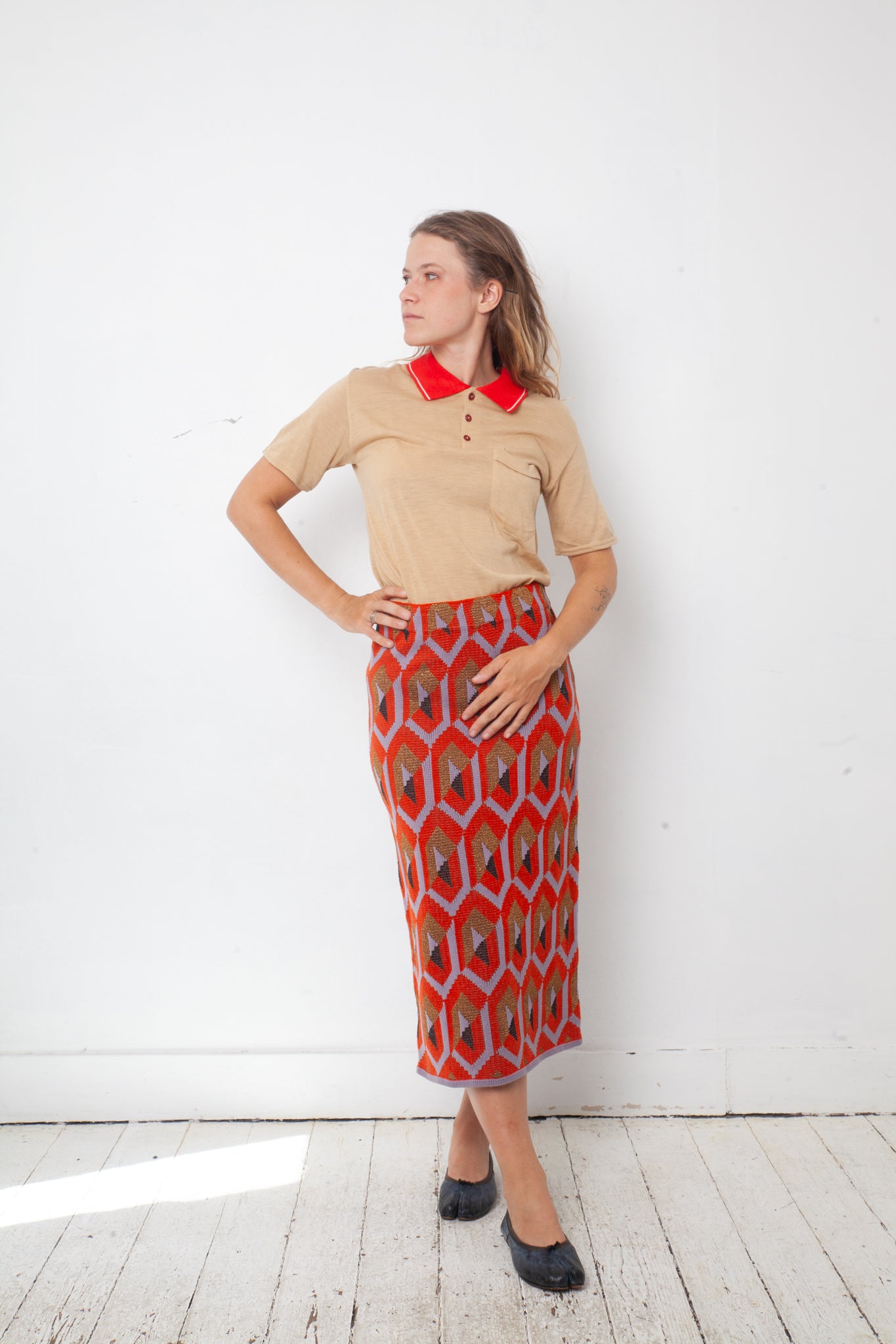 Vintage 1950's Italian beige cotton polo with red collar and buttons