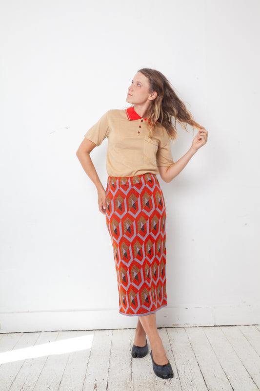 Dries van Noten FW 2017 graphic pattern red knit pencil skirt