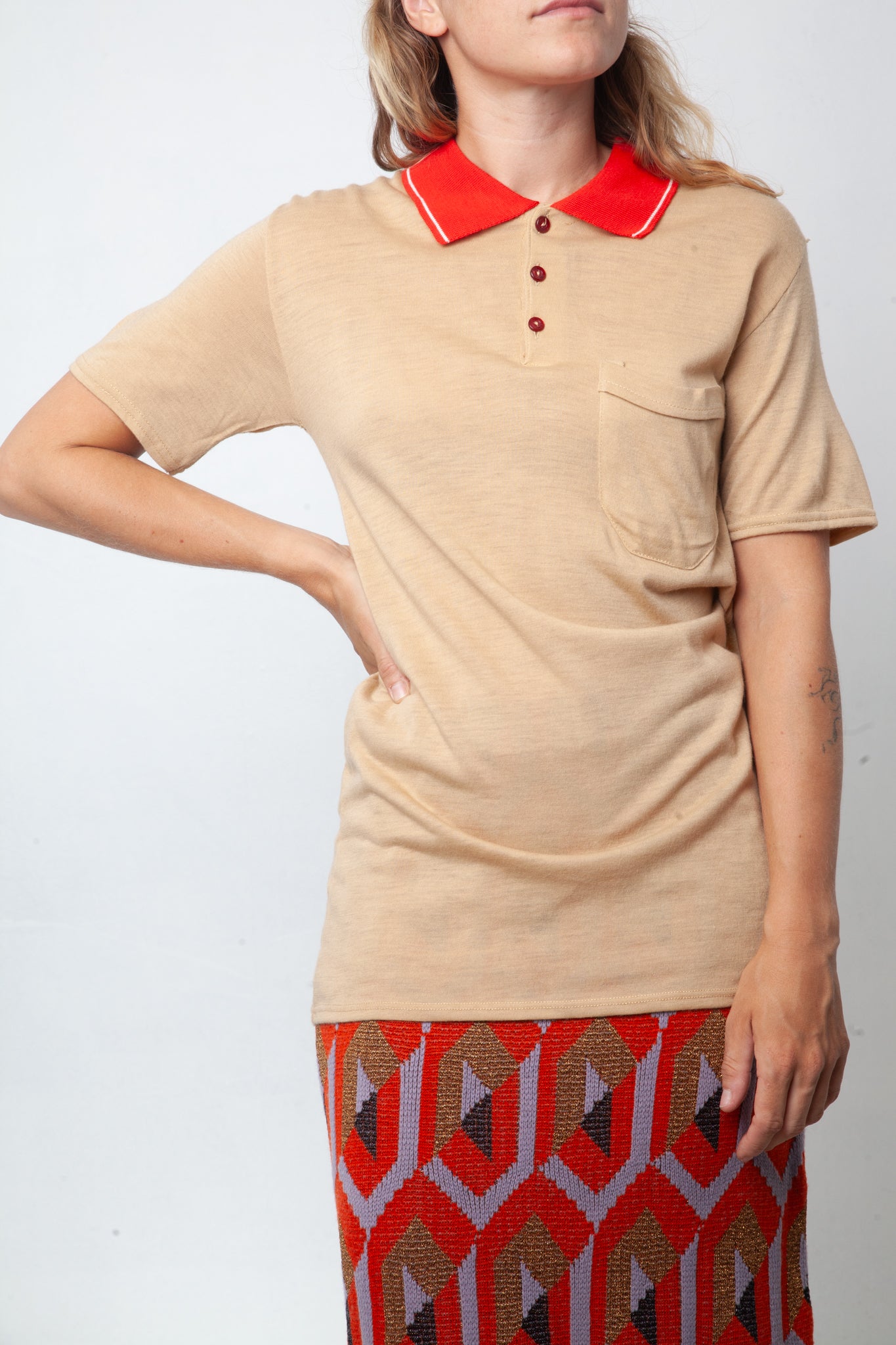 Vintage 1950's Italian beige cotton polo with red collar and buttons
