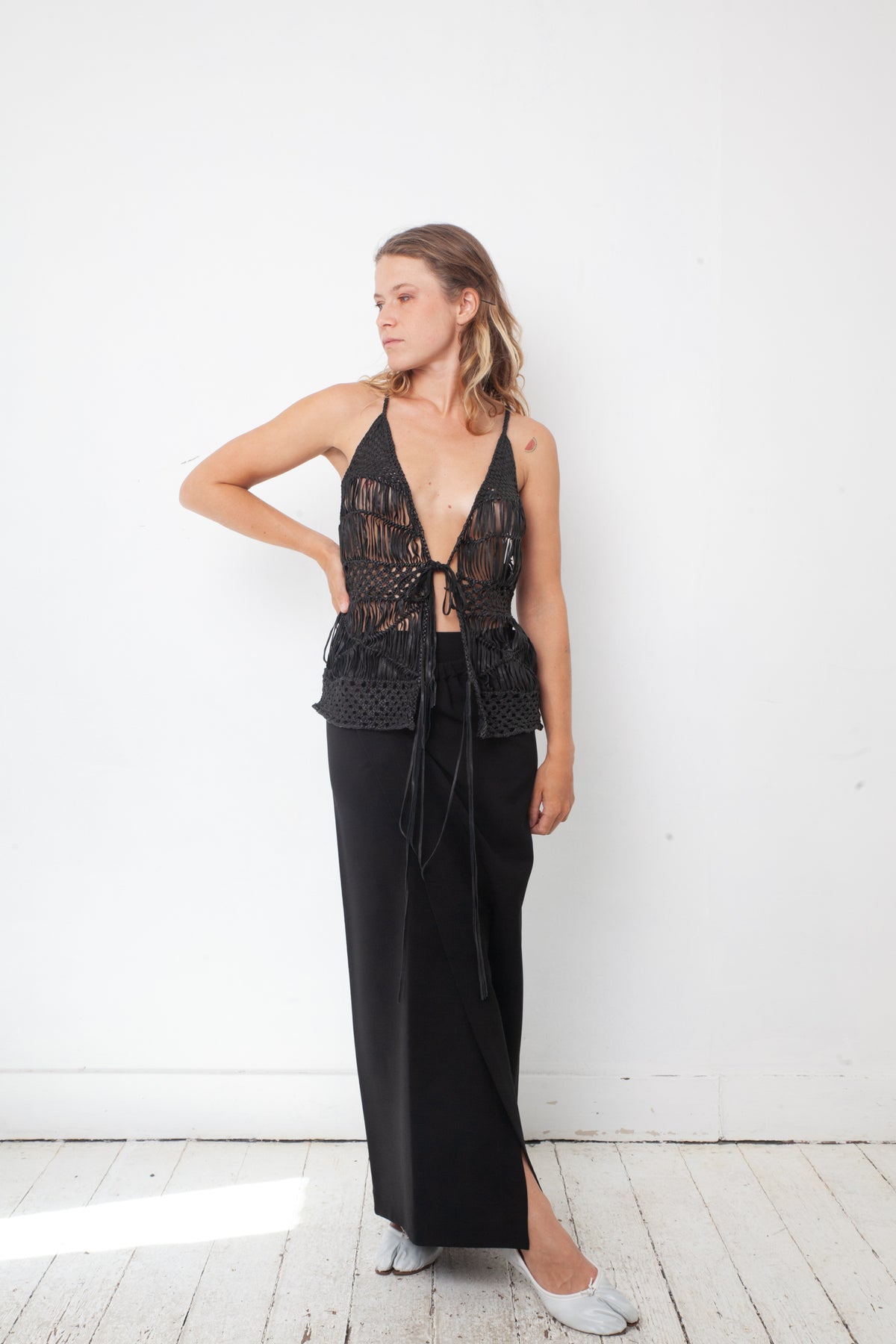 Jean Paul Gaultier 90's black wool and rayon wrap skirt with belt