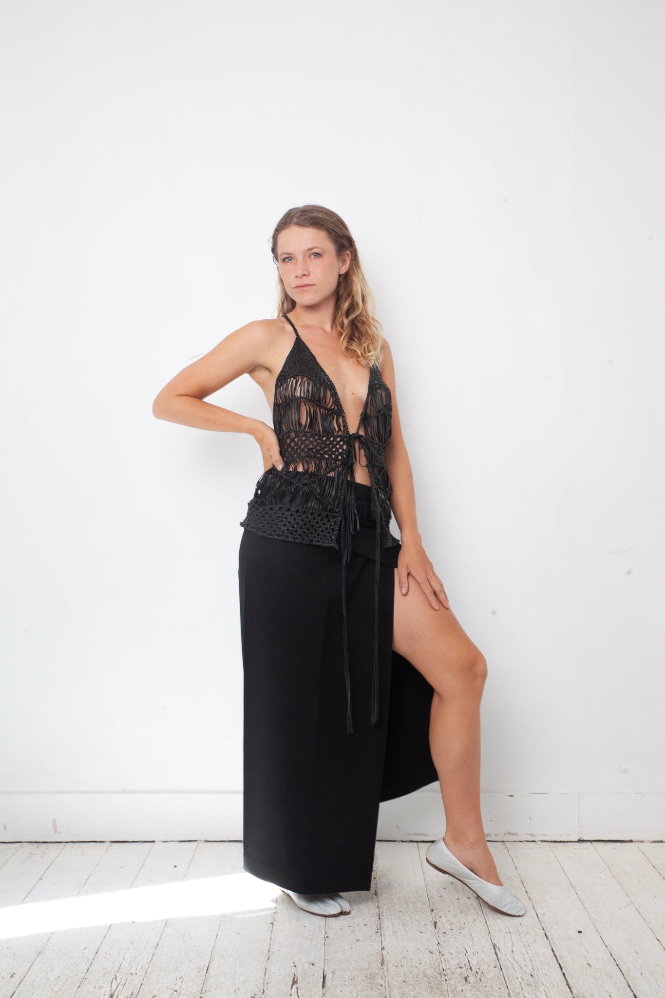 Jean Paul Gaultier 90's black wool and rayon wrap skirt with belt